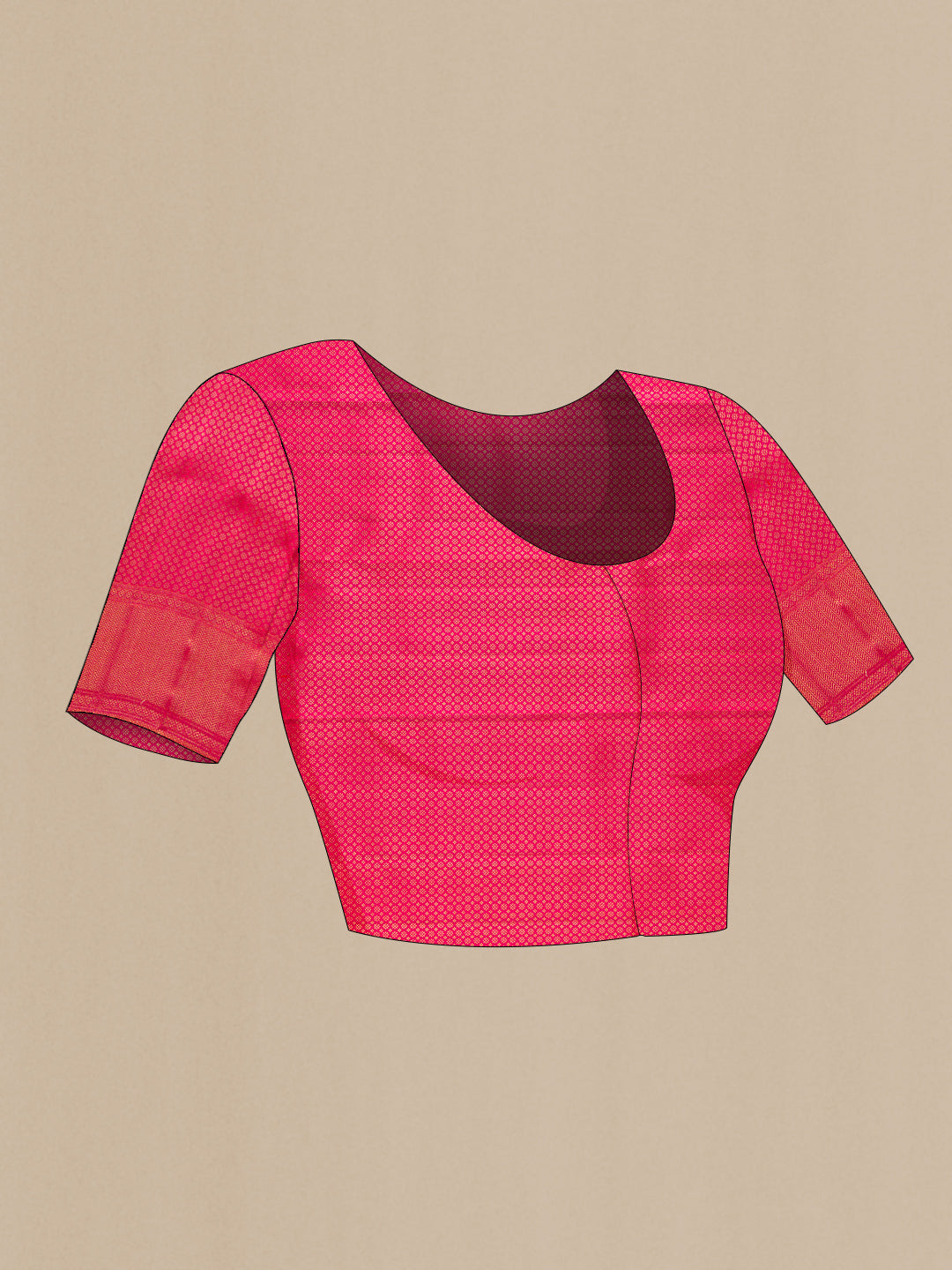 Close up image of the blouse of Pure Silk Pink Dual Tone Kanchipuram Saree with Zari Brocade on the body and Zari Border. 