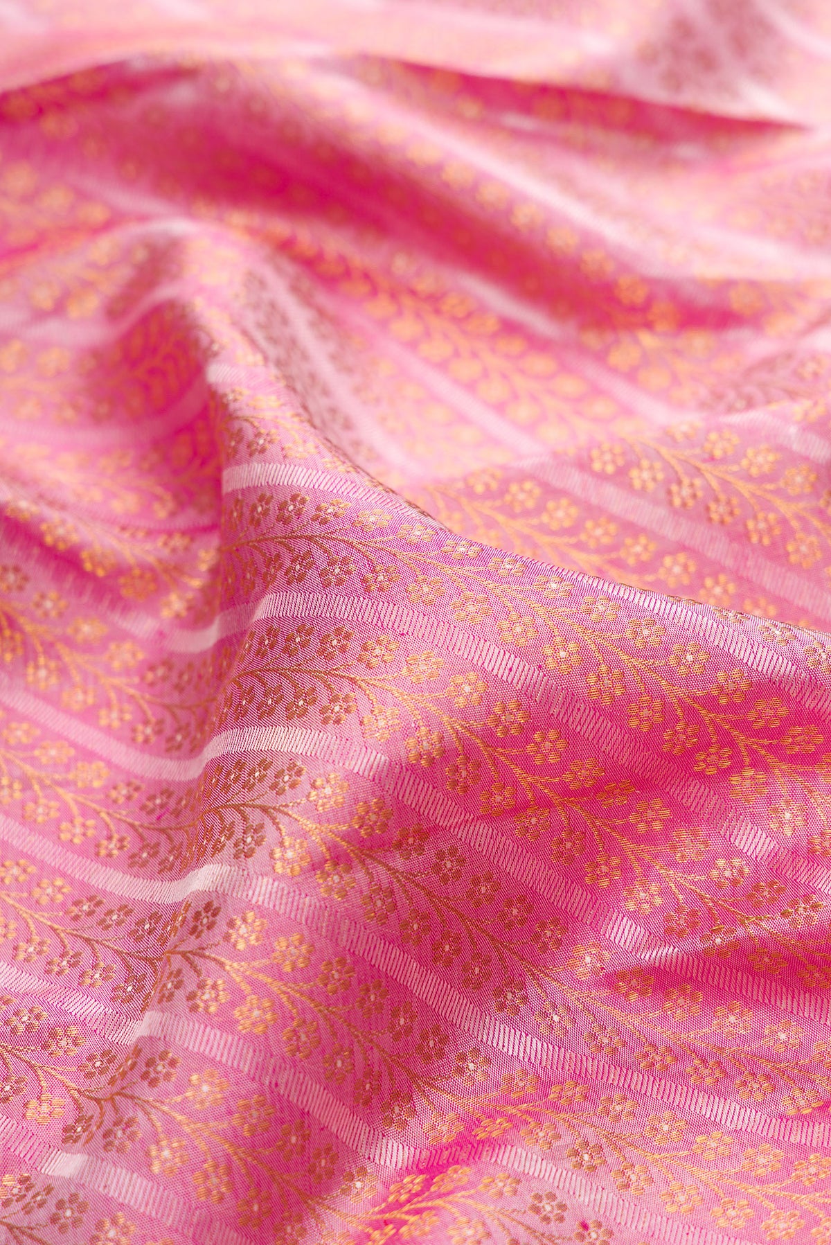 Close up of Pure Silk Pink Dual Tone Kanchipuram Saree with Zari Brocade on the body and Zari Border.  displaying folds