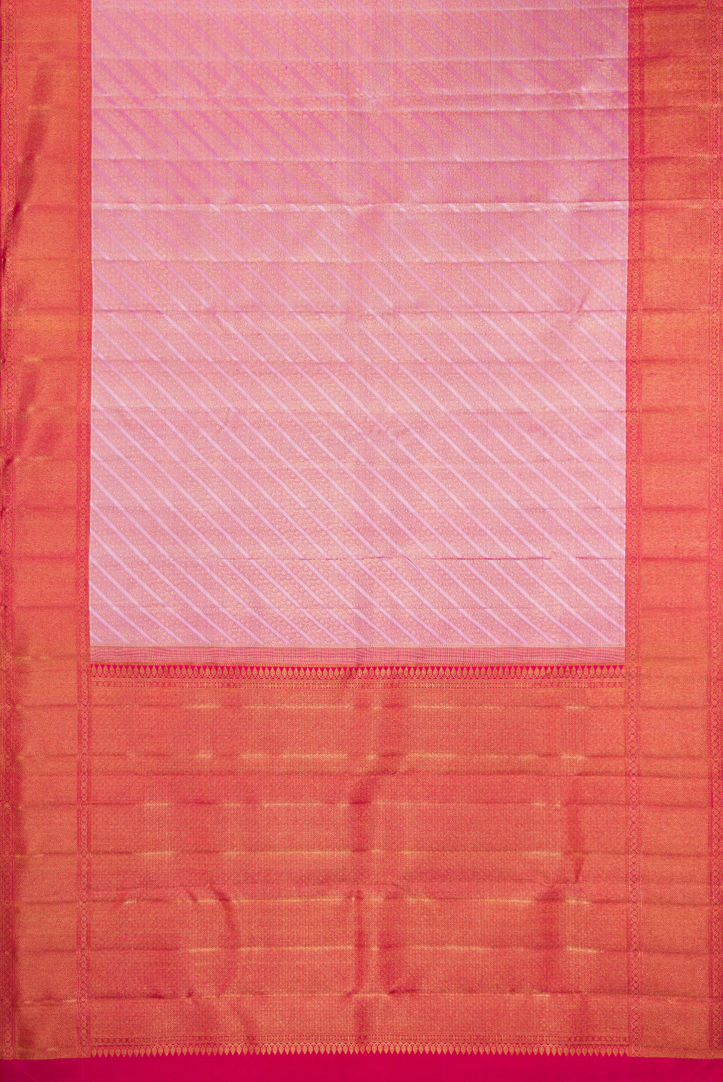 Flat view of Pure Silk Pink Dual Tone Kanchipuram Saree with Zari Brocade on the body and Zari Border. 