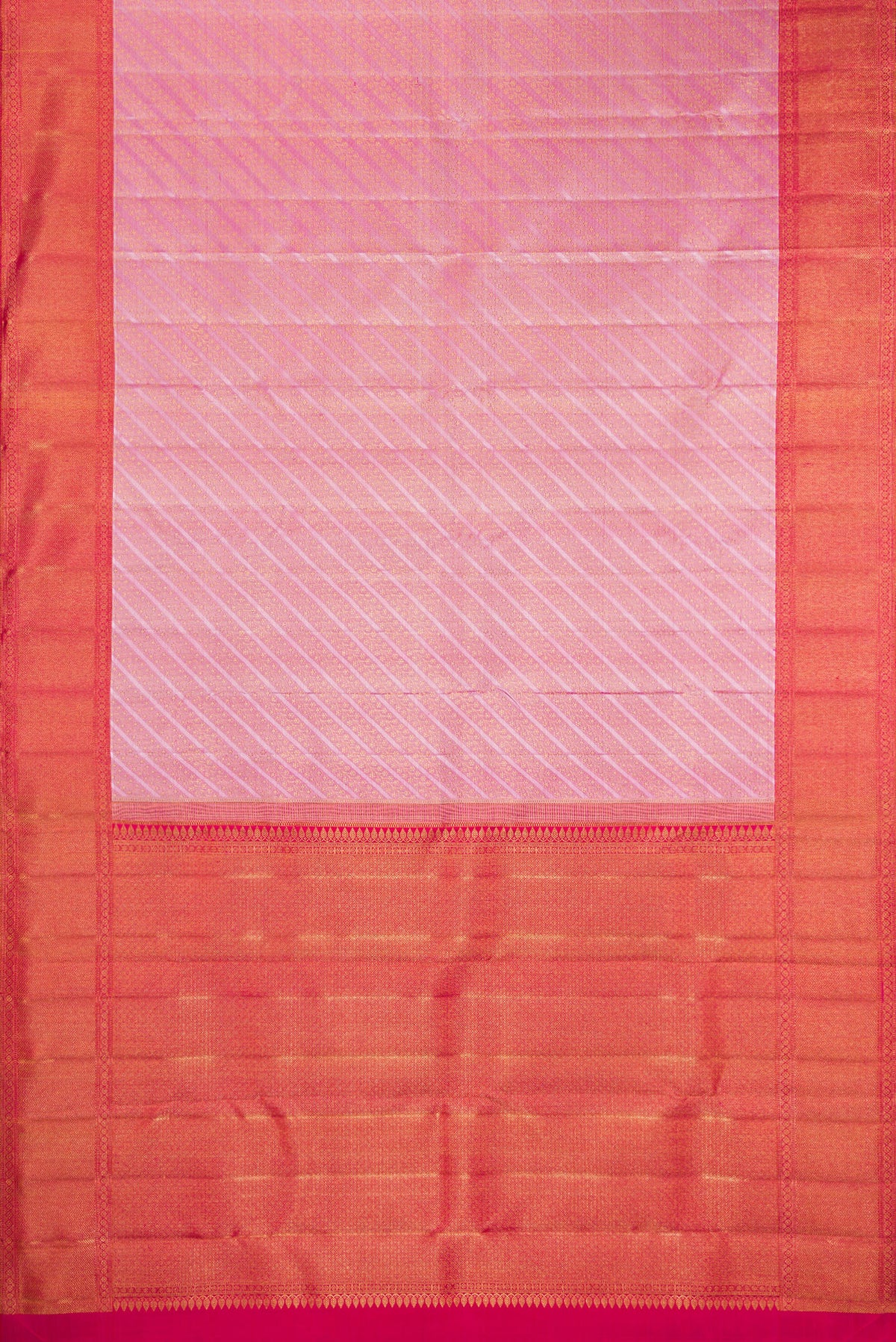Flat view of Pure Silk Pink Dual Tone Kanchipuram Saree with Zari Brocade on the body and Zari Border. 