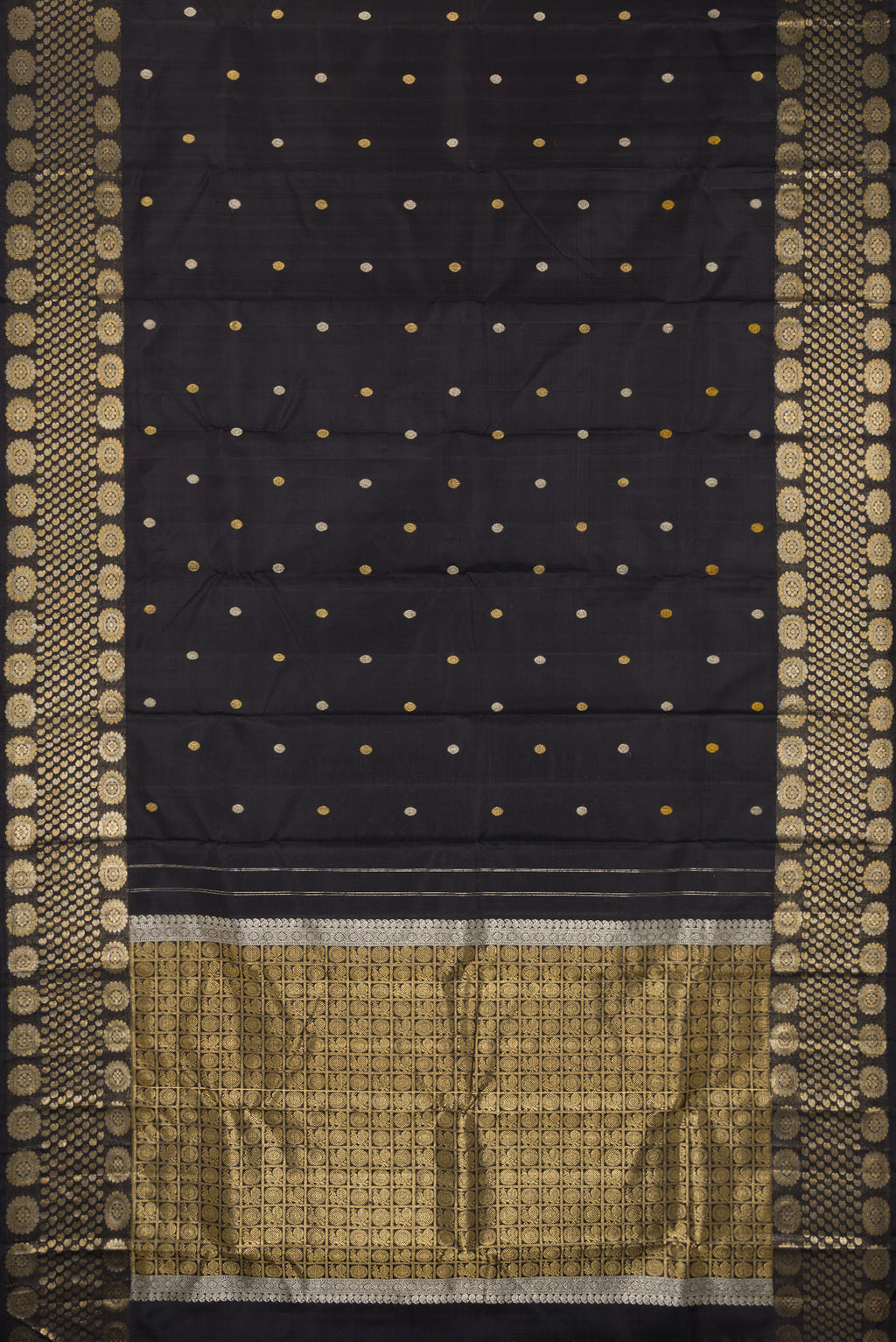 Flat view of Pure Silk Black Kanjivaram Saree with Zari Butta on the body and Fancy Border. 