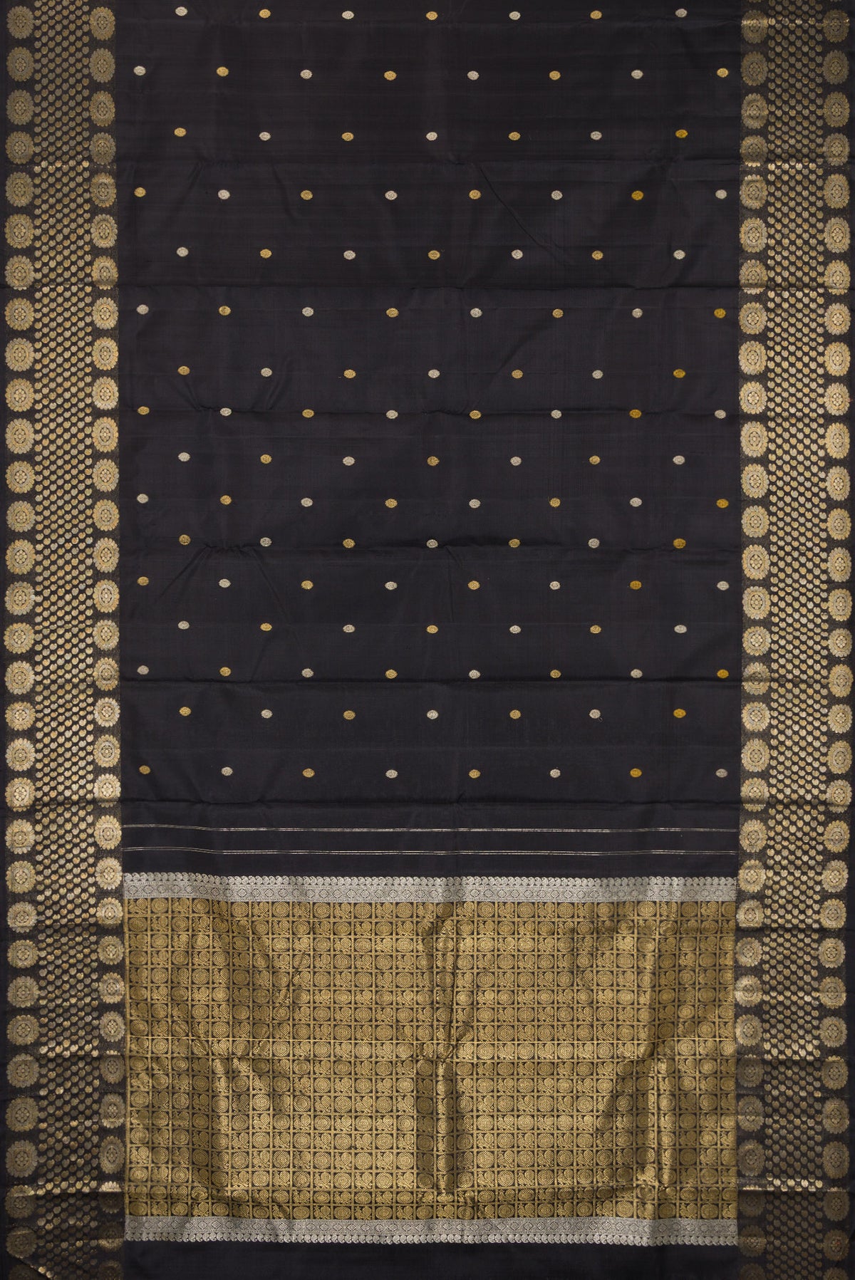 Flat view of Pure Silk Black Kanjivaram Saree with Zari Butta on the body and Fancy Border. 