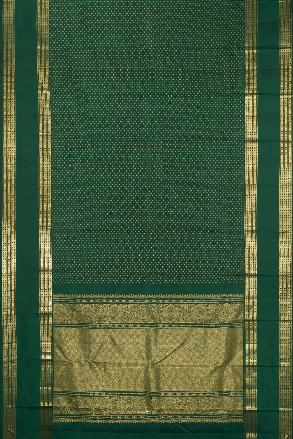 Flat view of Pure Silk Green Kanjivaram Saree with Zari Butta on the body and Zari Border. 