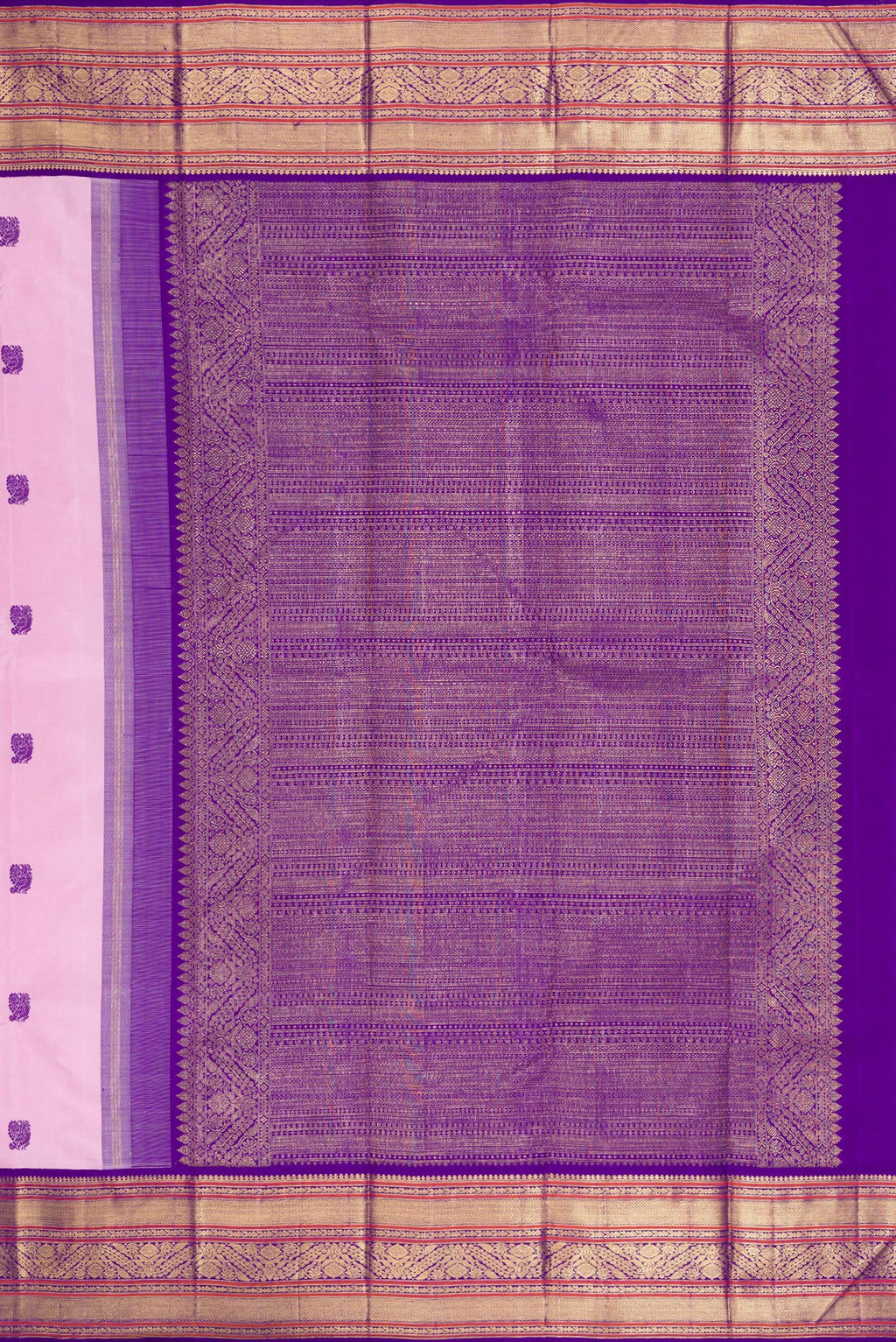 Close up image of the pallu of Pure Silk Pure Zari Pink Dual Tone Kanjivaram Saree with Thread Butta on the body and Zari Border. 