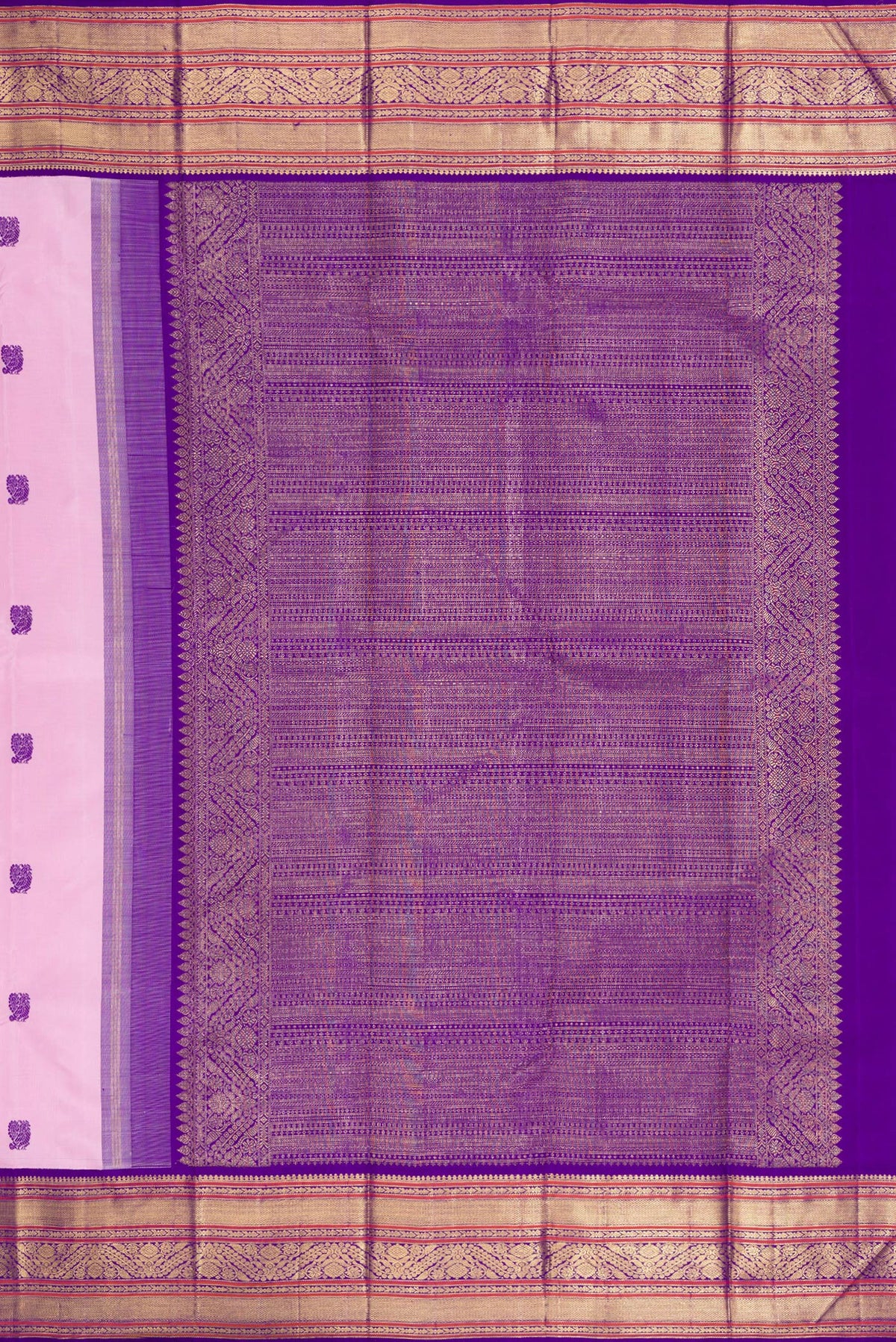 Close up image of the pallu of Pure Silk Pure Zari Pink Dual Tone Kanjivaram Saree with Thread Butta on the body and Zari Border. 