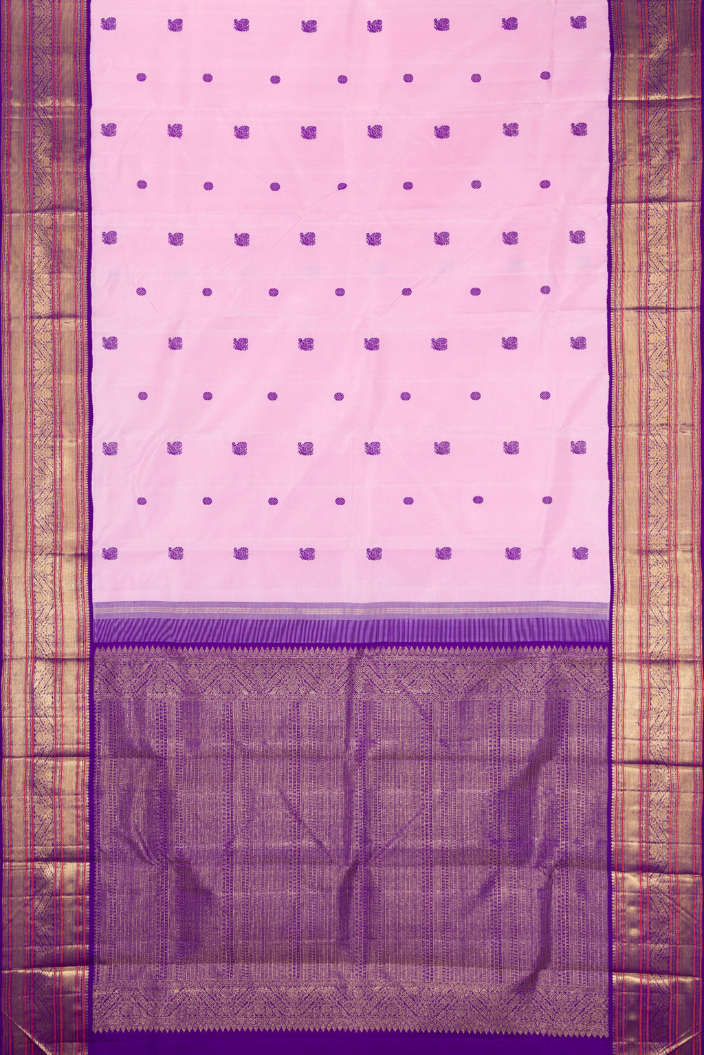 Flat view of Pure Silk Pure Zari Pink Dual Tone Kanjivaram Saree with Thread Butta on the body and Zari Border. 