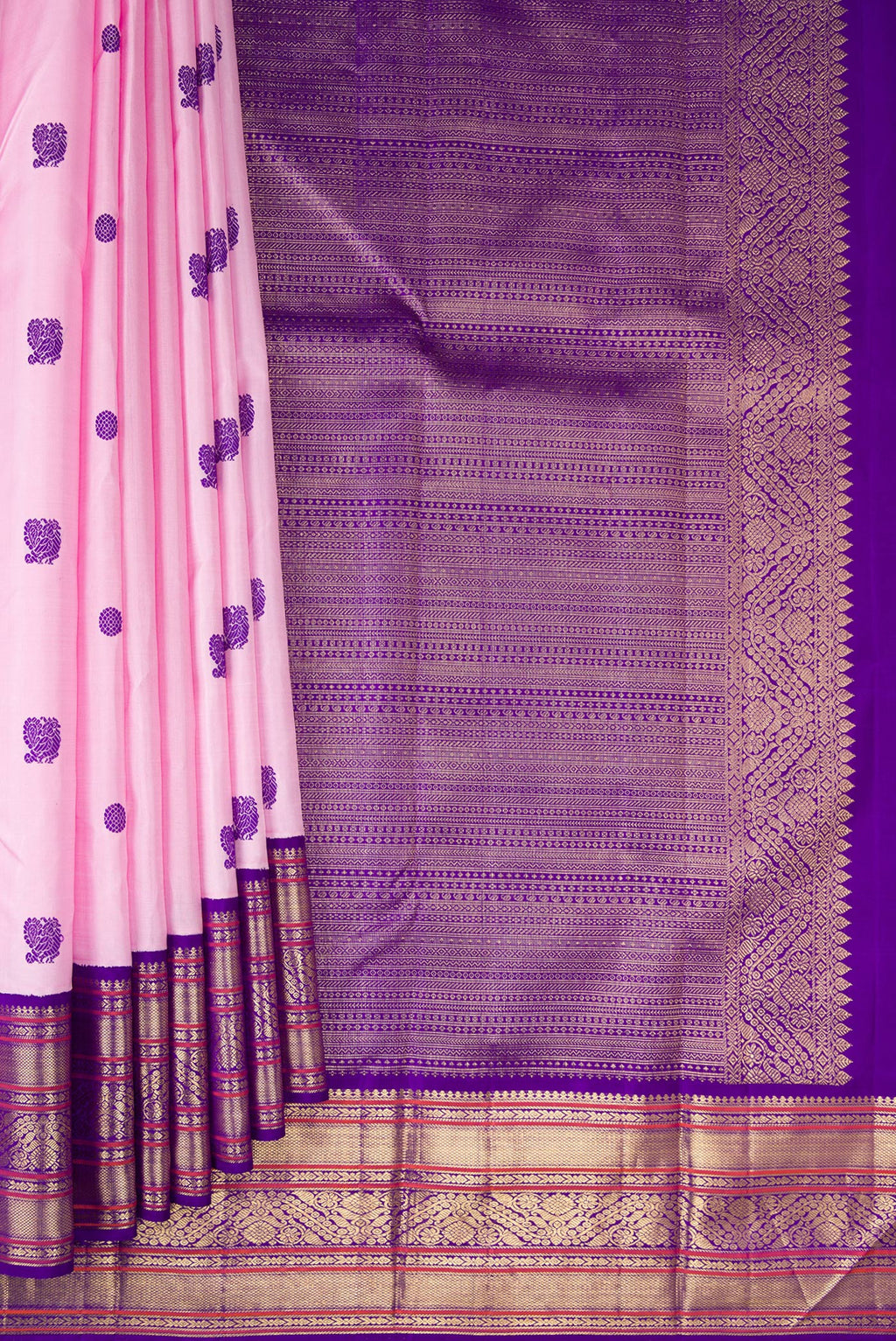 Pleats and pallu of Pure Silk Pure Zari Pink Dual Tone Kanjivaram Saree with Thread Butta on the body and Zari Border. 