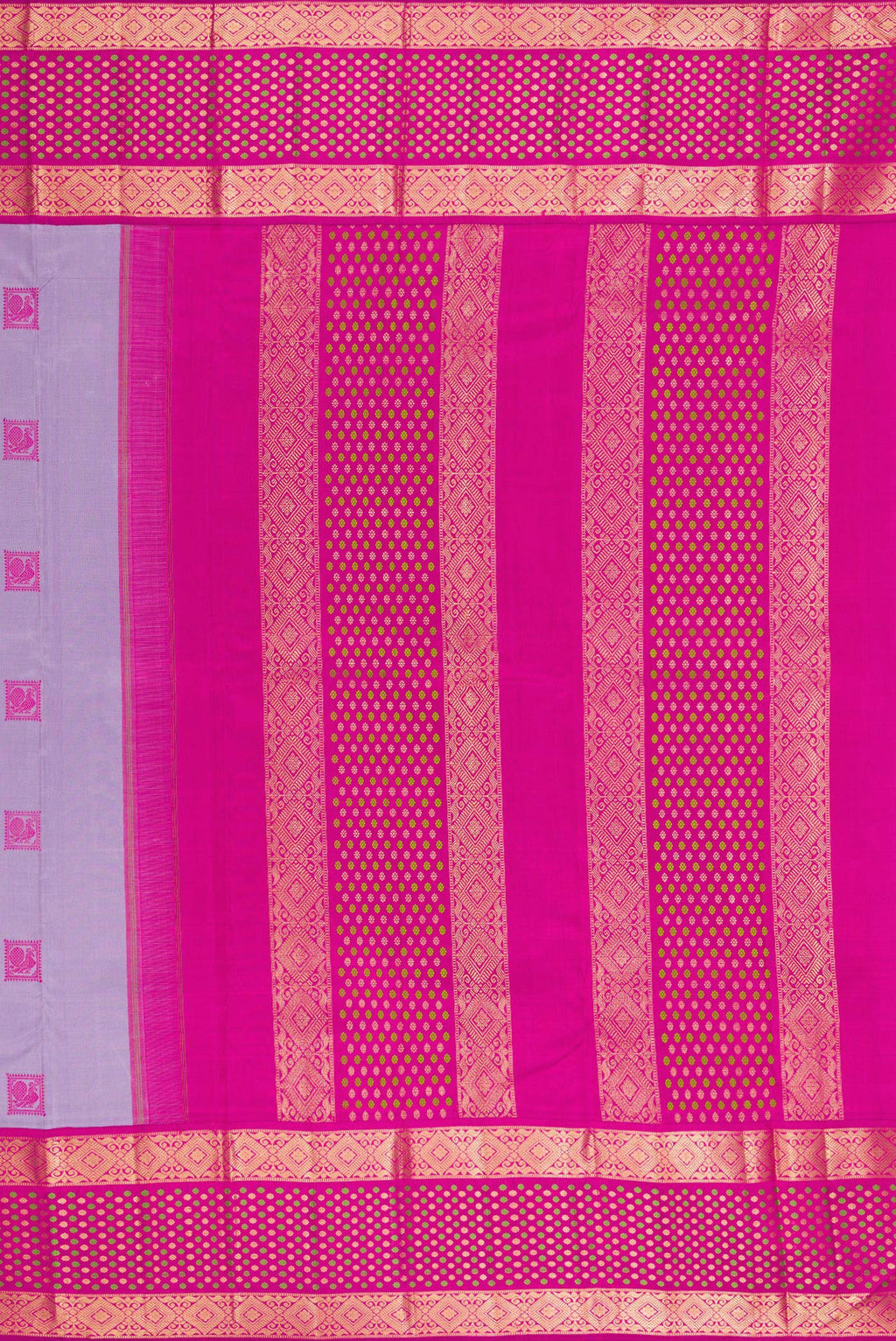 Close up image of the pallu of Pure Silk Lavender Kanjivaram Saree with Thread Butta on the body and Zari Border. 