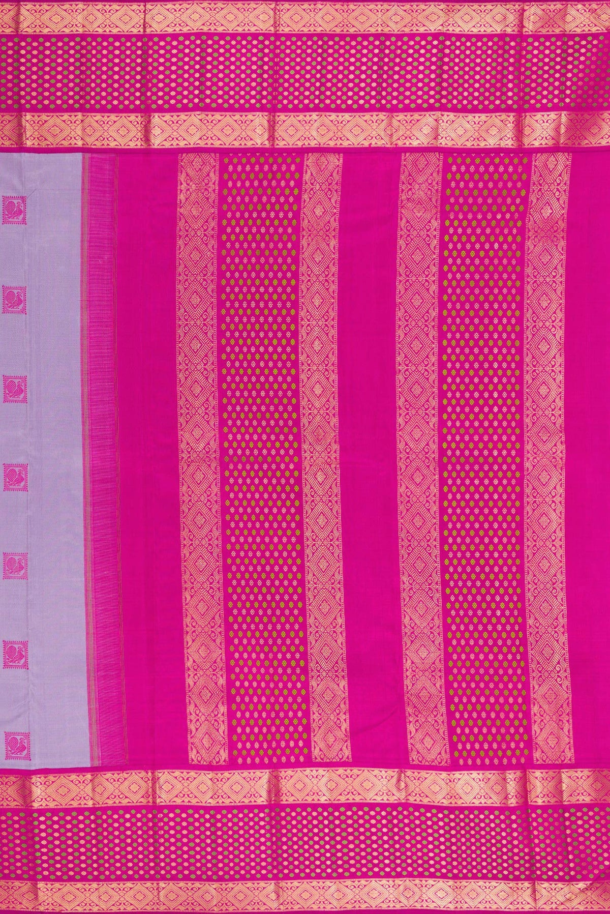 Close up image of the pallu of Pure Silk Lavender Kanjivaram Saree with Thread Butta on the body and Zari Border. 