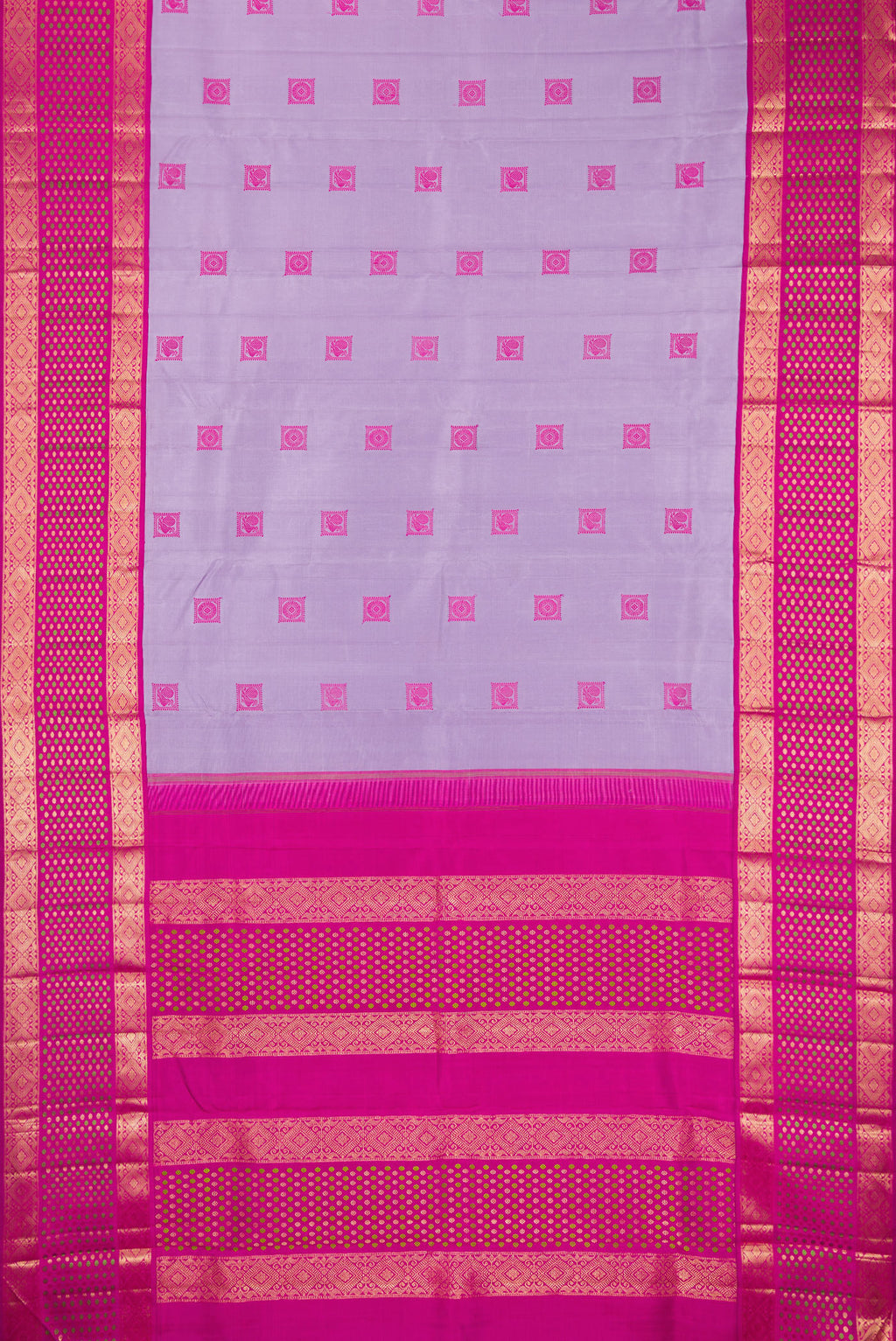 Flat view of Pure Silk Lavender Kanjivaram Saree with Thread Butta on the body and Zari Border. 