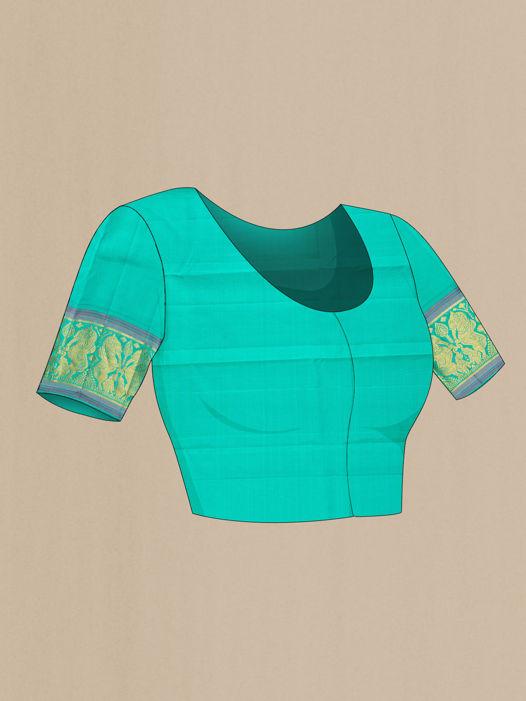 Close up image of the blouse of Pure Silk Turquoise Dual Tone Kanjivaram Saree with Thread Butta on the body and Fancy Border. 