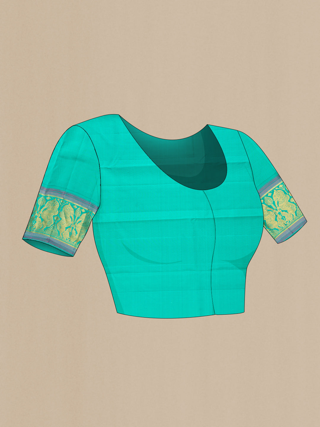 Close up image of the blouse of Pure Silk Turquoise Dual Tone Kanjivaram Saree with Thread Butta on the body and Fancy Border. 