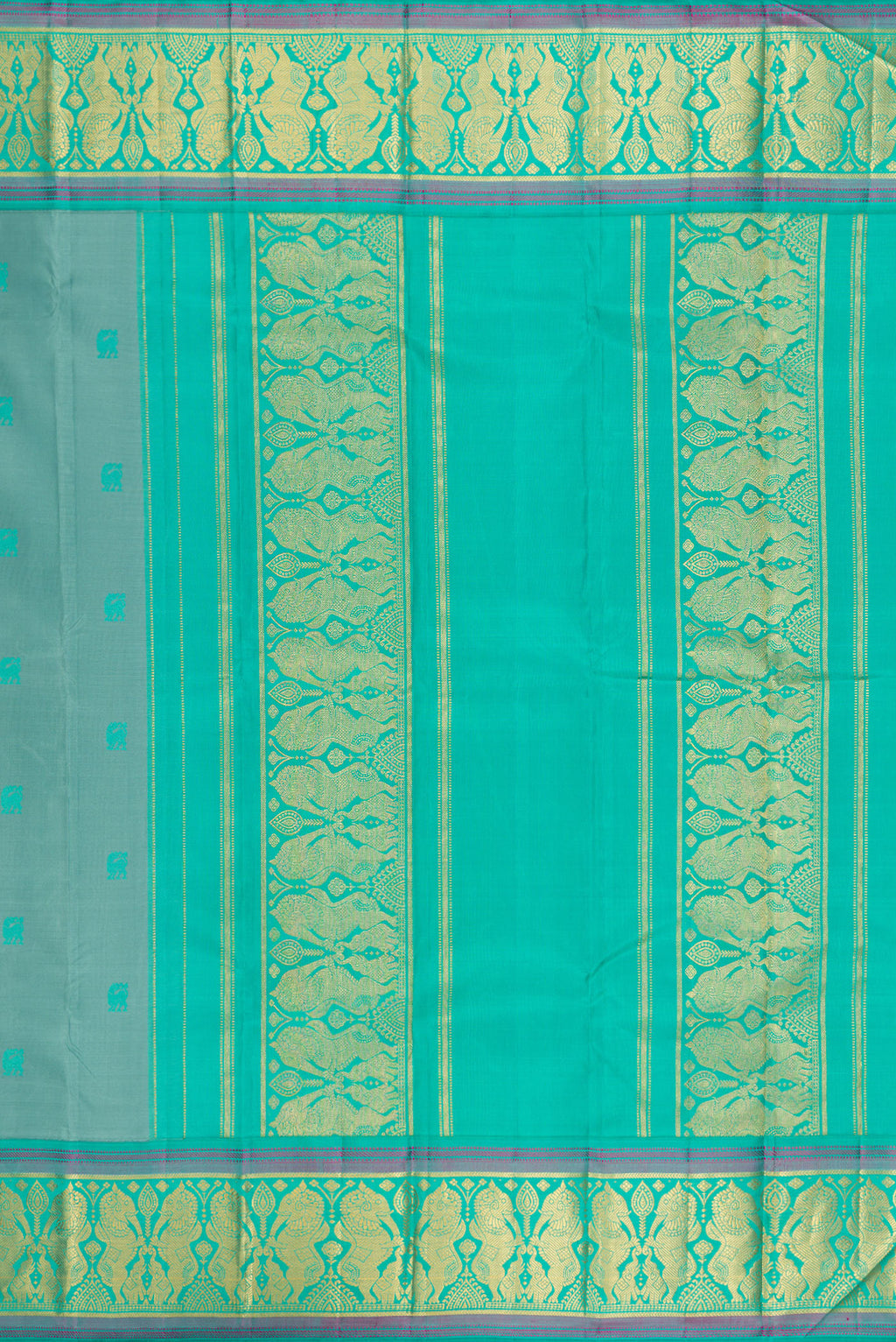 Close up image of the pallu of Pure Silk Turquoise Dual Tone Kanjivaram Saree with Thread Butta on the body and Fancy Border. 