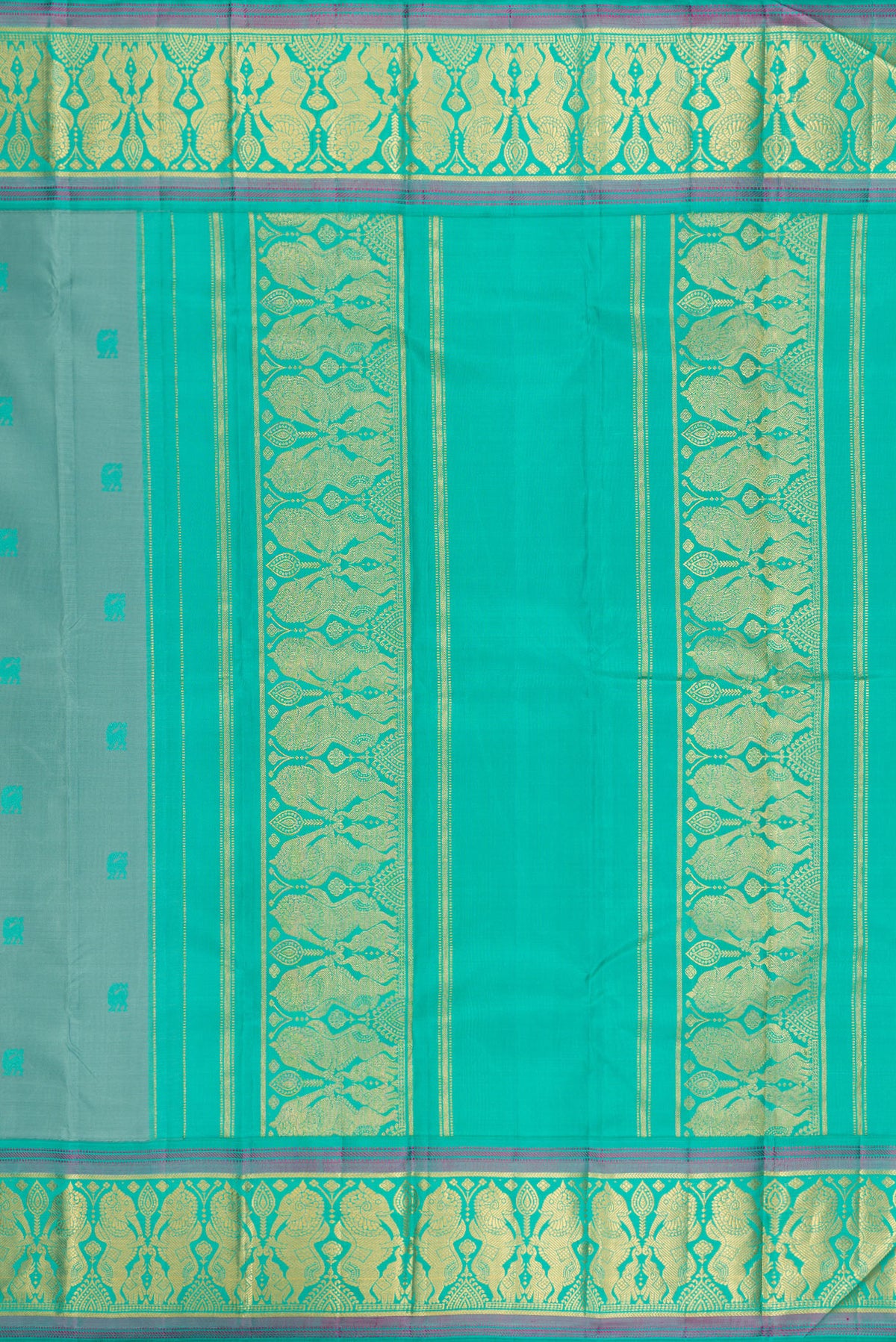 Close up image of the pallu of Pure Silk Turquoise Dual Tone Kanjivaram Saree with Thread Butta on the body and Fancy Border. 