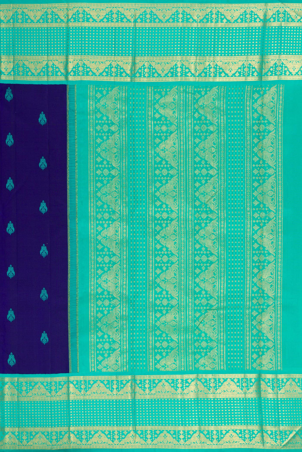 Close up image of the pallu of Pure Silk Pure Zari Royal Blue Dual Tone Kanjivaram Saree with Thread Butta on the body and Zari Border. 
