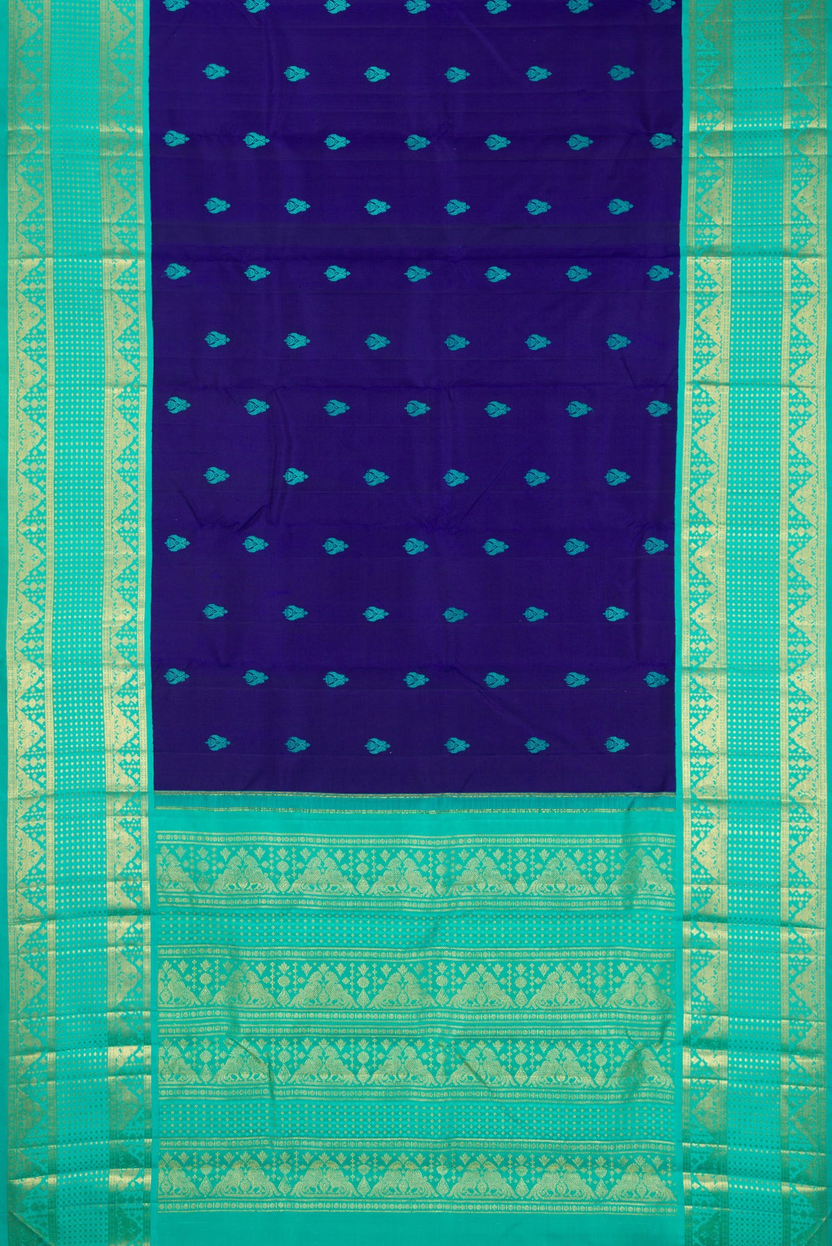 Flat view of Pure Silk Pure Zari Royal Blue Dual Tone Kanjivaram Saree with Thread Butta on the body and Zari Border. 