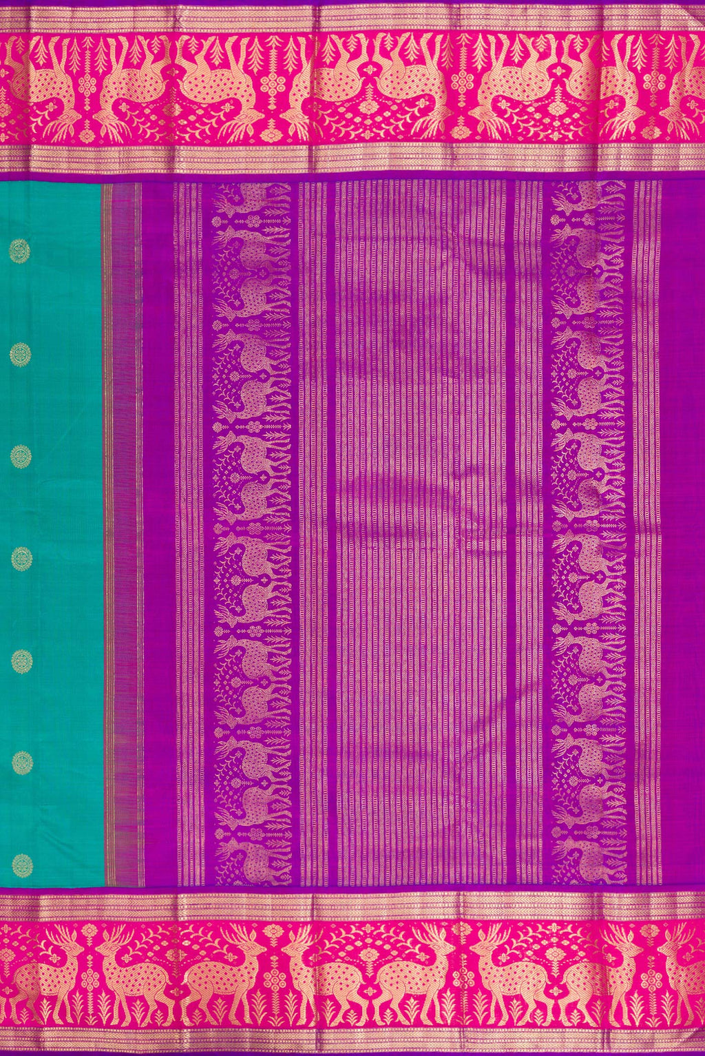 Close up image of the pallu of Pure Silk Sea Green Dual Tone Kanjivaram Saree with Zari Butta on the body and Fancy Border. 