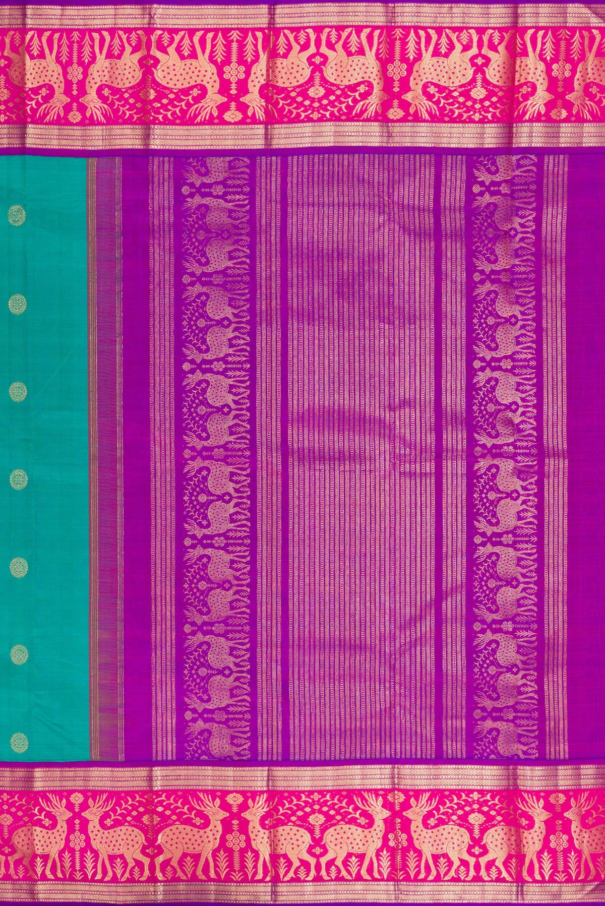 Close up image of the pallu of Pure Silk Sea Green Dual Tone Kanjivaram Saree with Zari Butta on the body and Fancy Border. 