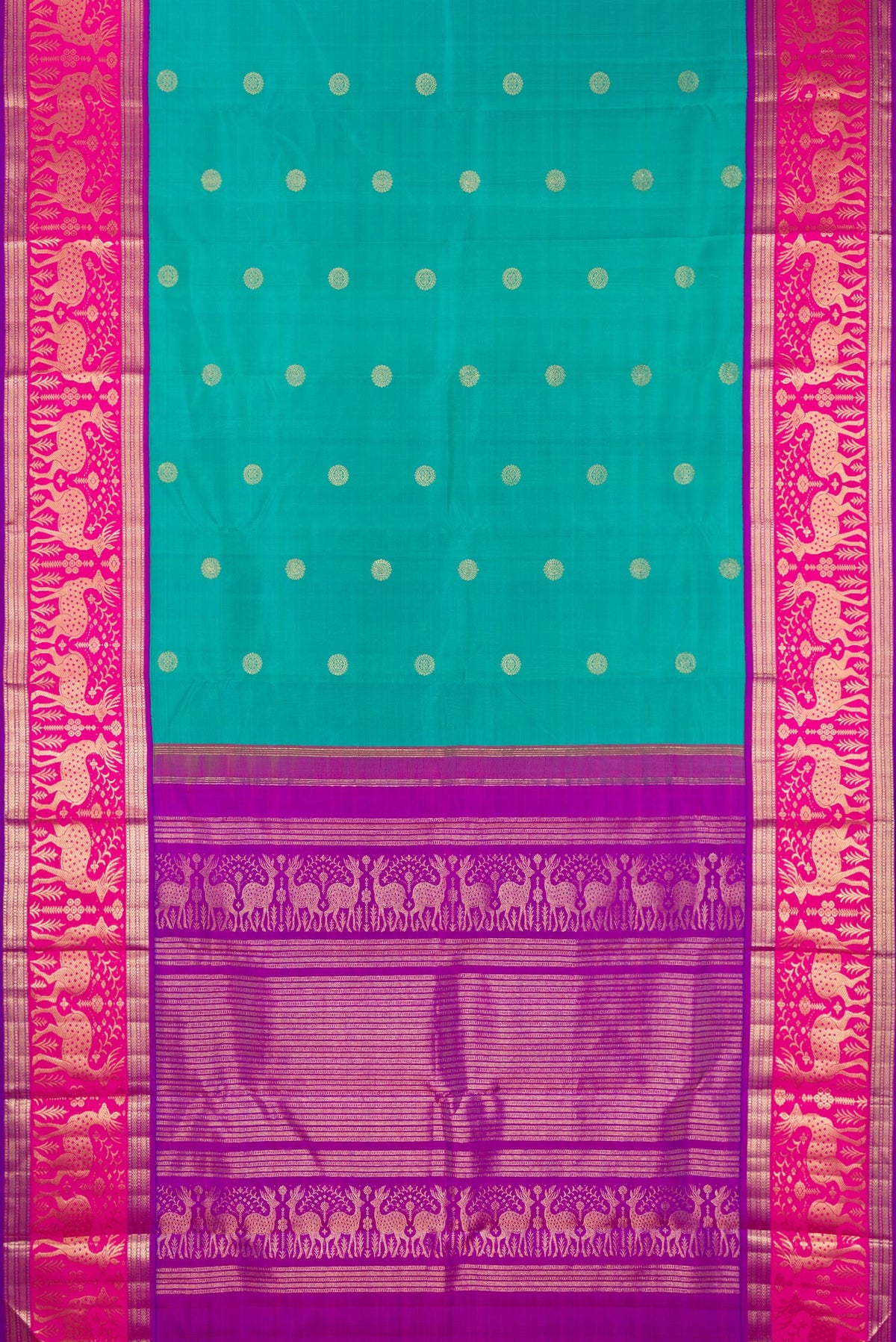 Flat view of Pure Silk Sea Green Dual Tone Kanjivaram Saree with Zari Butta on the body and Fancy Border. 