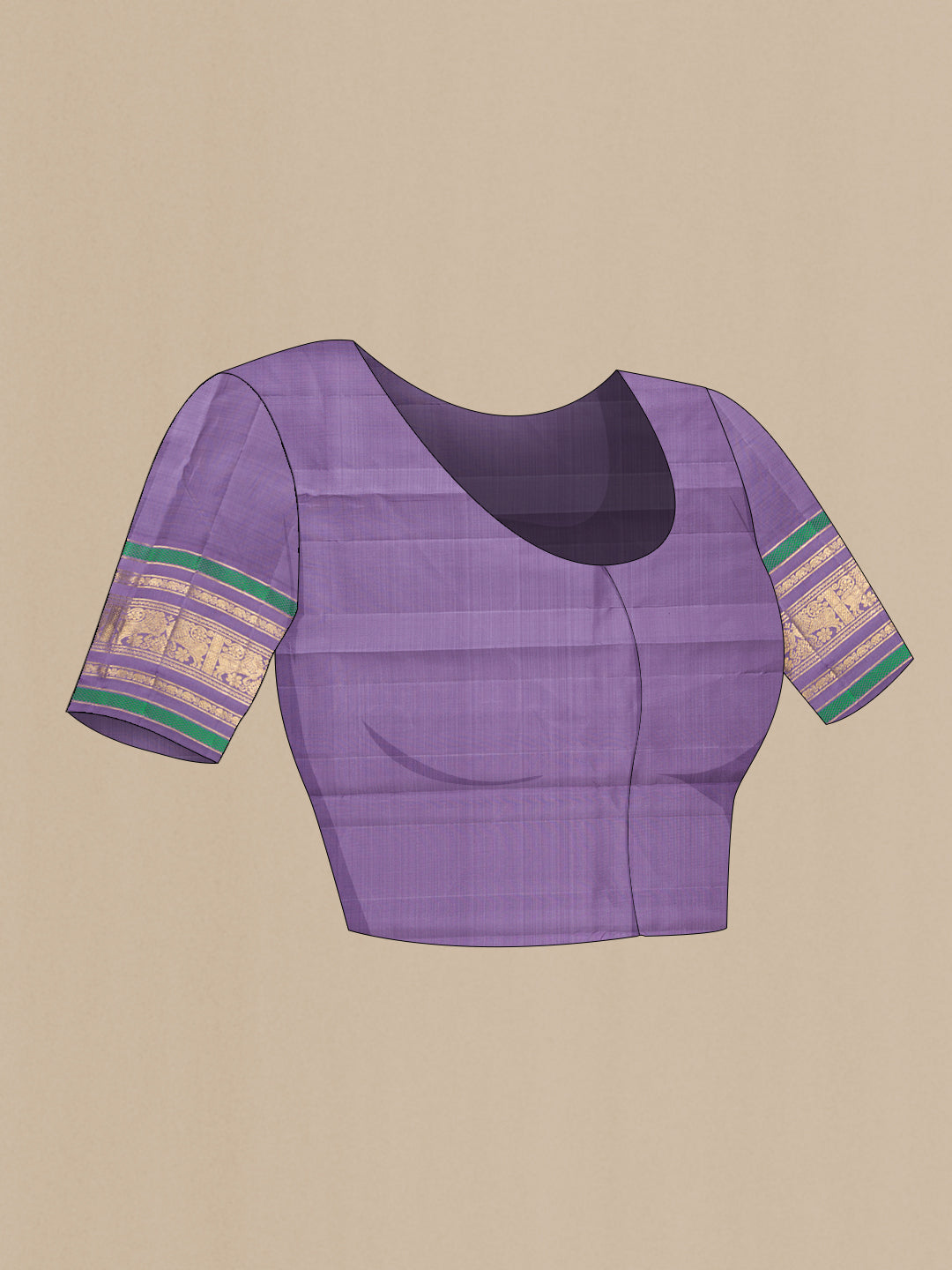 Close up image of the blouse of Pure Silk Pure Zari Lavender Dual Tone Kanjivaram Saree with Thread Butta on the body and Zari Border. 