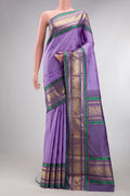 Pure Silk Pure Zari Lavender Dual Tone Kanjivaram Saree with Thread Butta on the body and Zari Border.  displayed on a mannequin