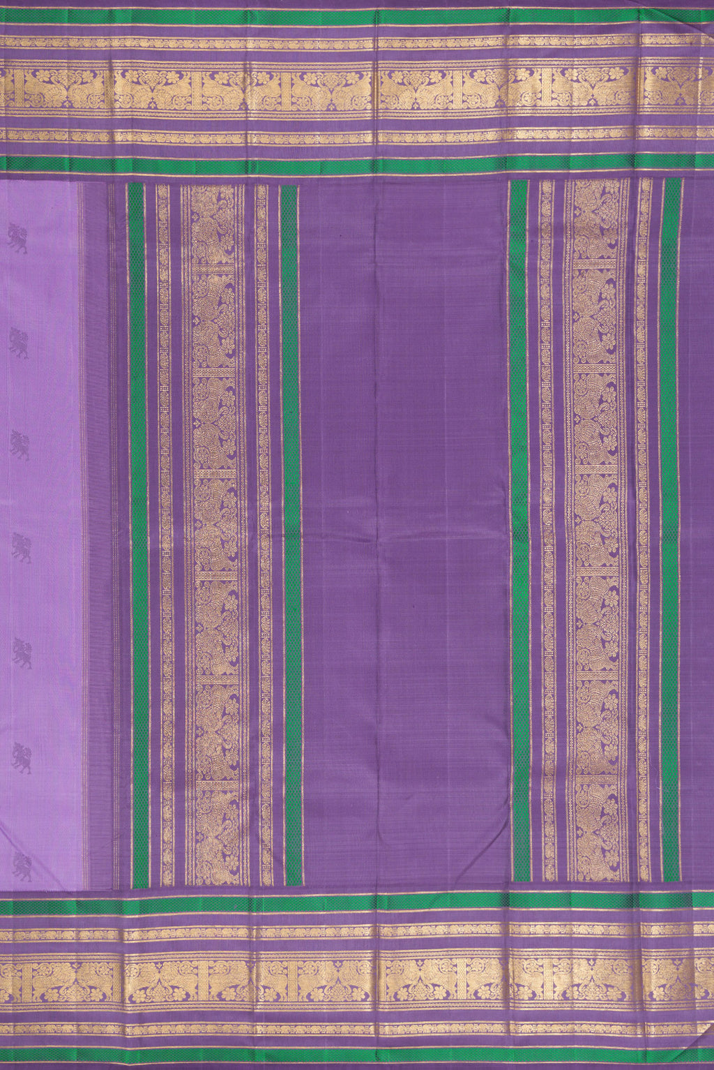 Close up image of the pallu of Pure Silk Pure Zari Lavender Dual Tone Kanjivaram Saree with Thread Butta on the body and Zari Border. 