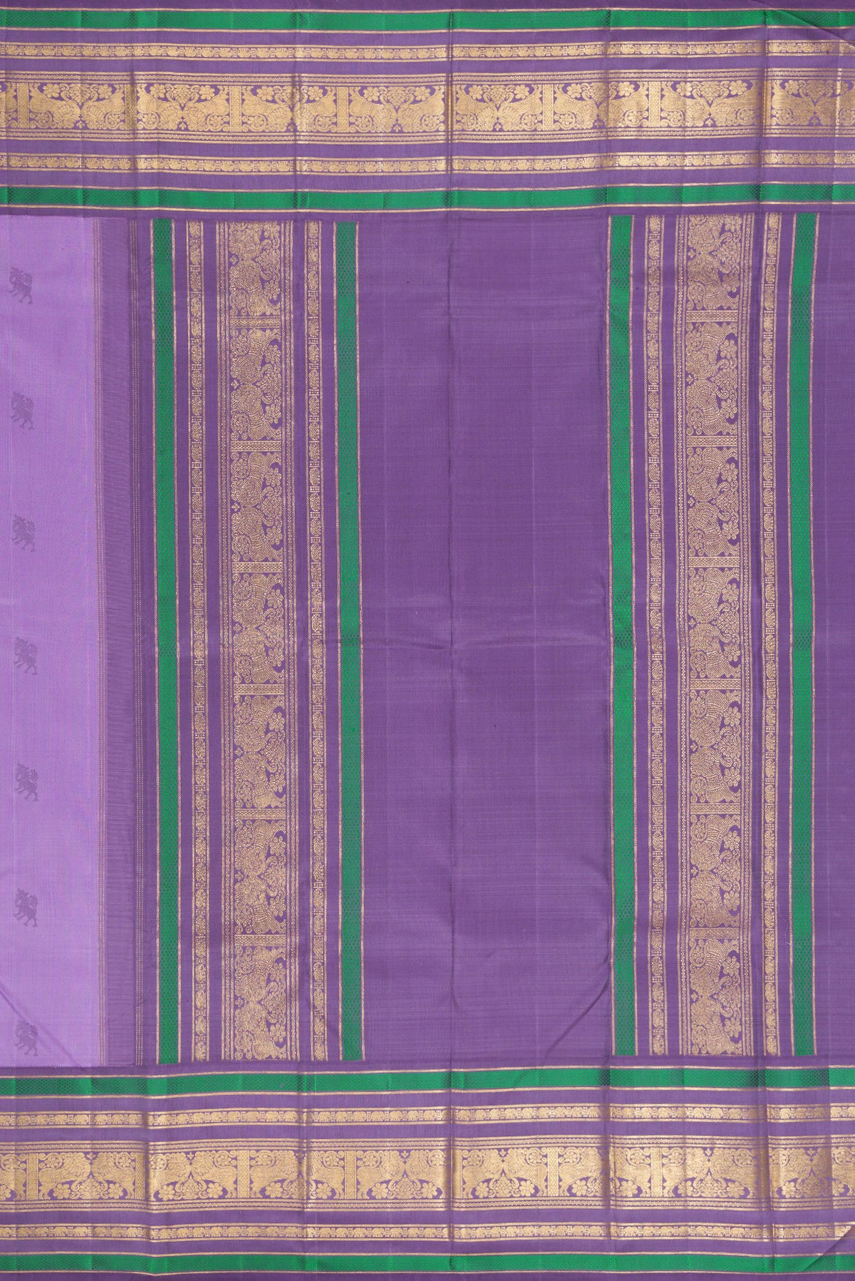 Close up image of the pallu of Pure Silk Pure Zari Lavender Dual Tone Kanjivaram Saree with Thread Butta on the body and Zari Border. 