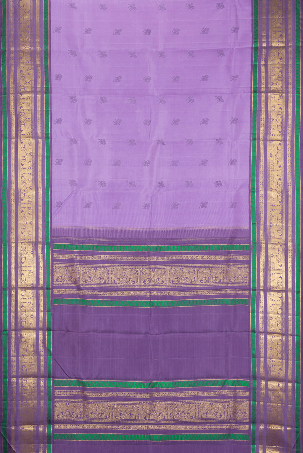 Flat view of Pure Silk Pure Zari Lavender Dual Tone Kanjivaram Saree with Thread Butta on the body and Zari Border. 