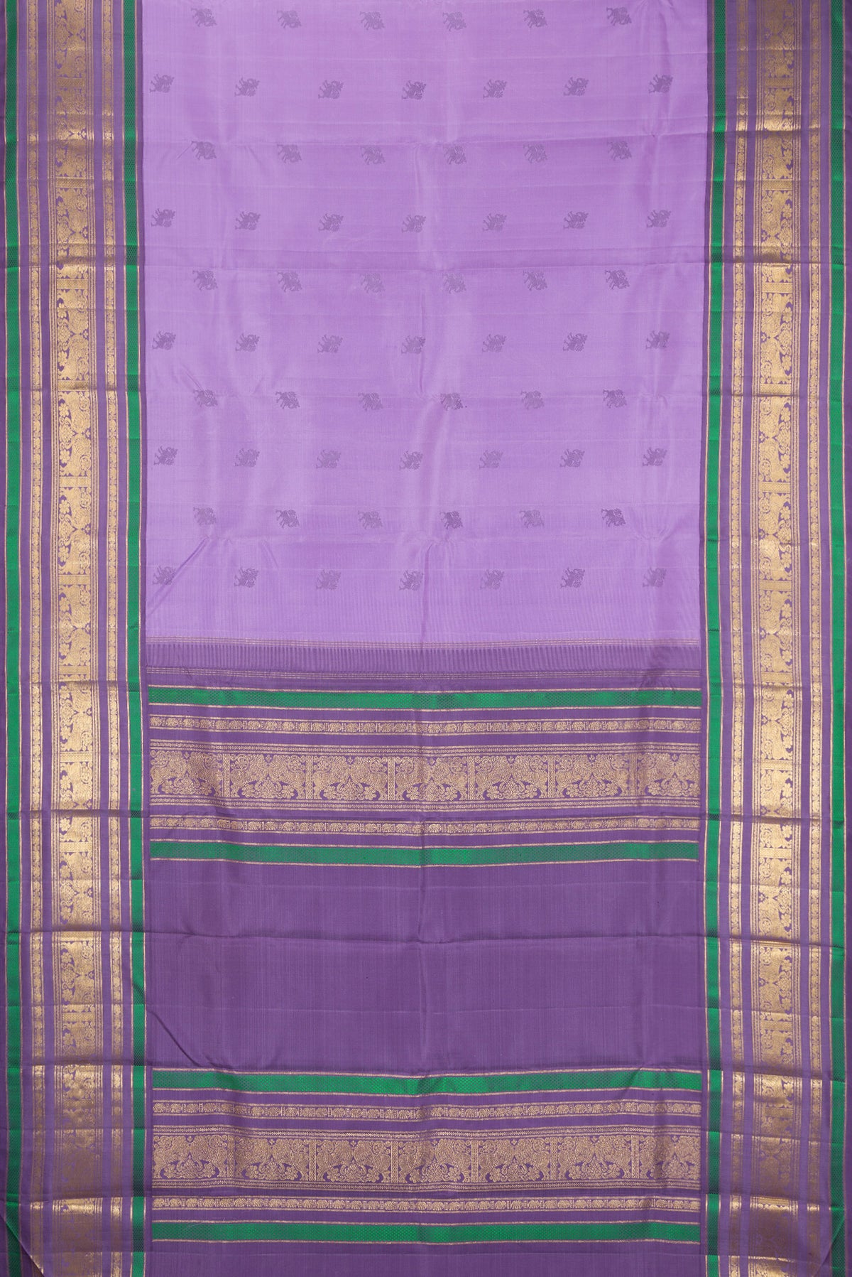 Flat view of Pure Silk Pure Zari Lavender Dual Tone Kanjivaram Saree with Thread Butta on the body and Zari Border. 