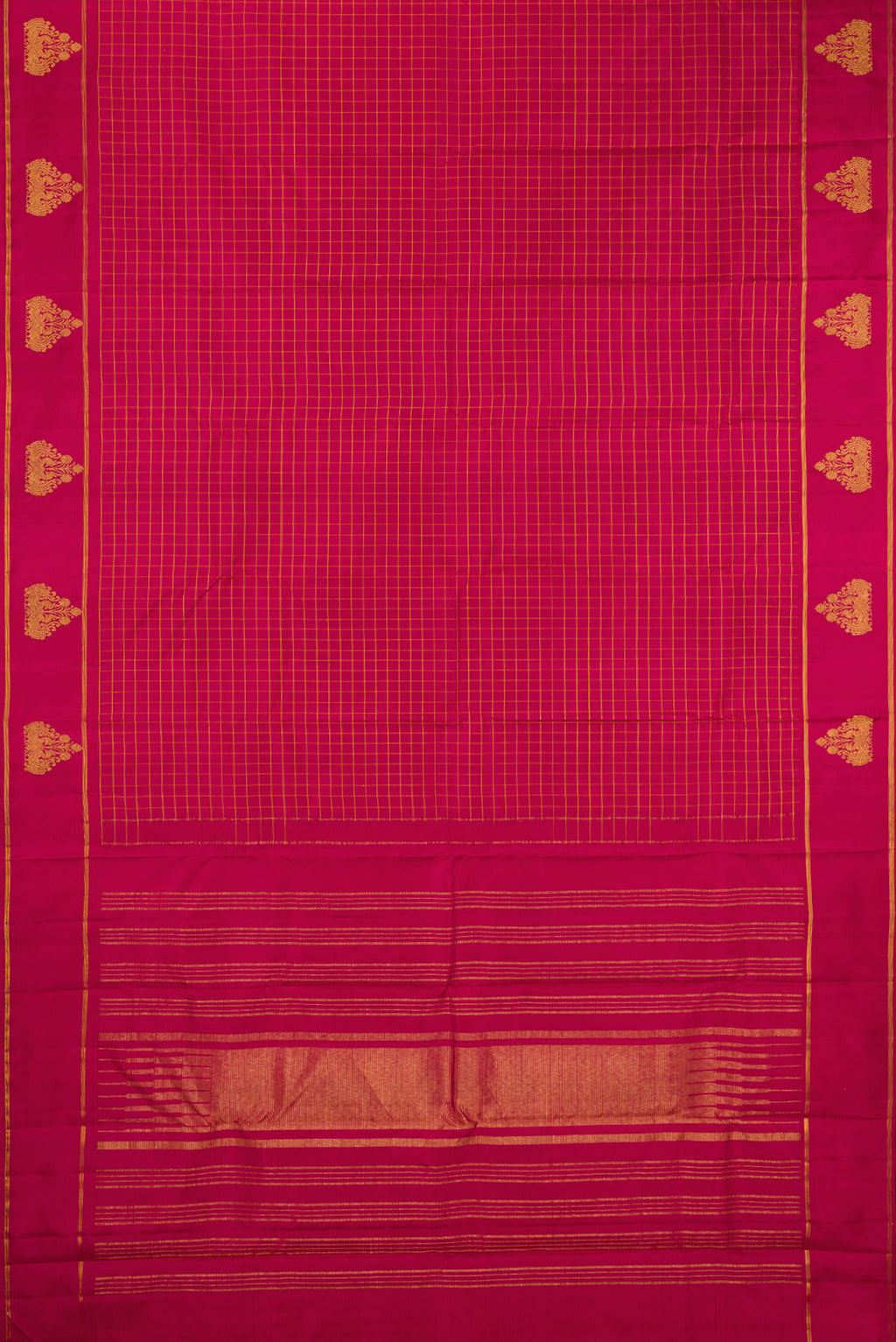 Flat view of Pure Silk Maroon Kanchipuram Saree with Checked design on the body and Fancy Border. 