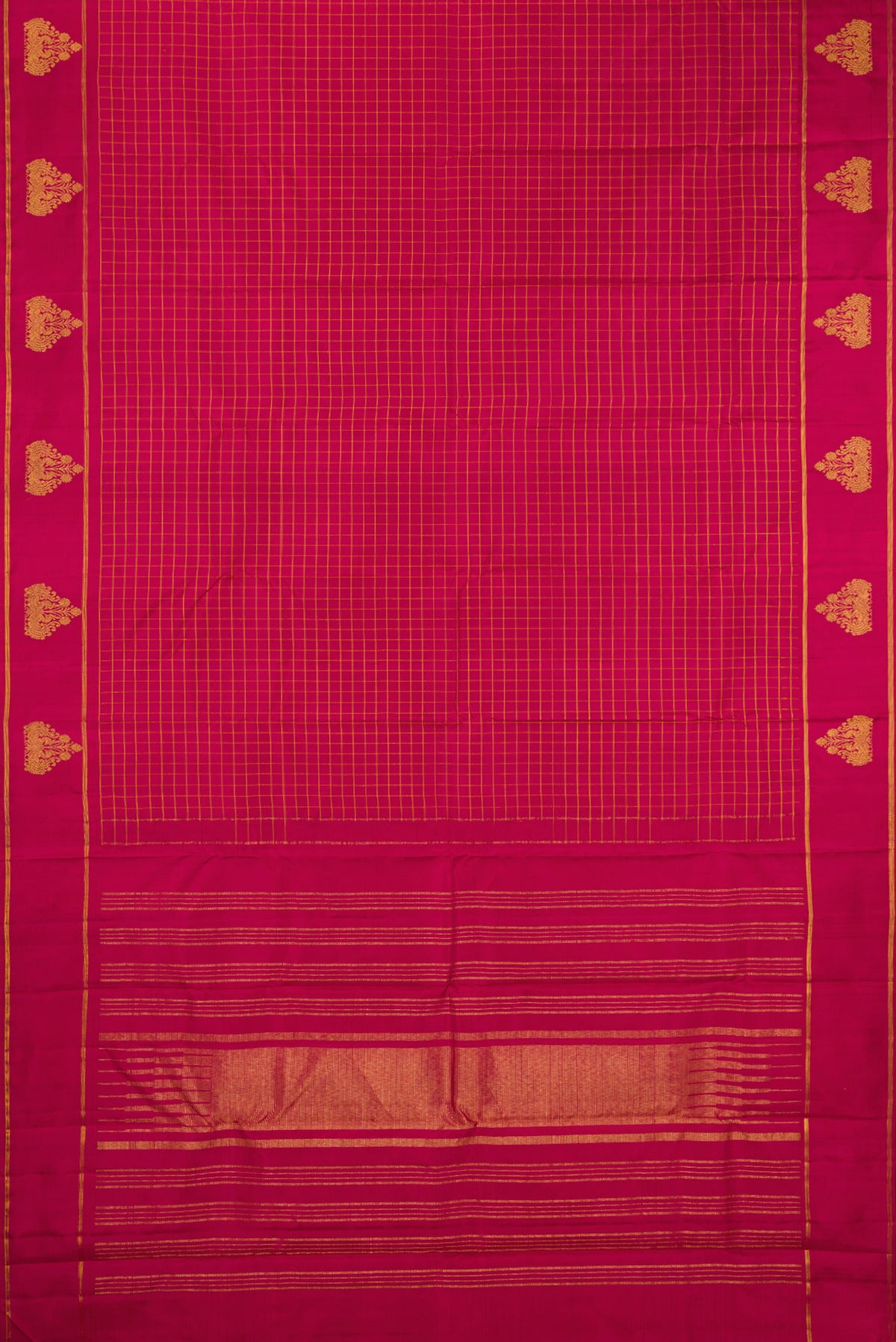 Flat view of Pure Silk Maroon Kanchipuram Saree with Checked design on the body and Fancy Border. 