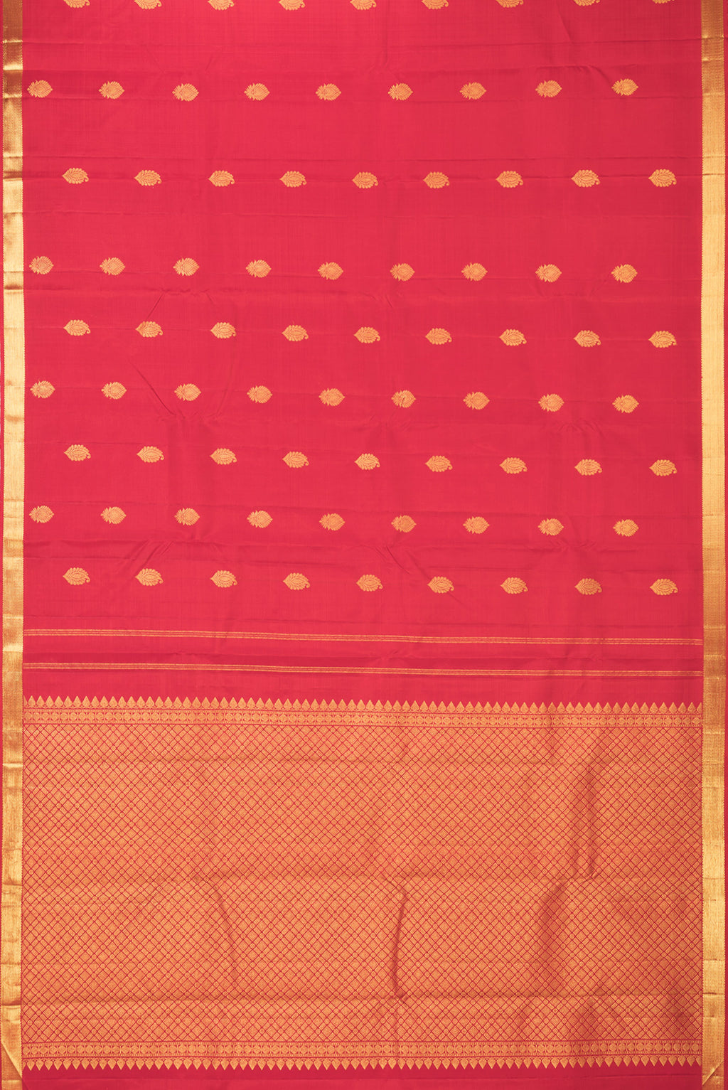 Flat view of Pure Silk Red Kanchipuram Saree with Zari Butta on the body and Zari Border. 