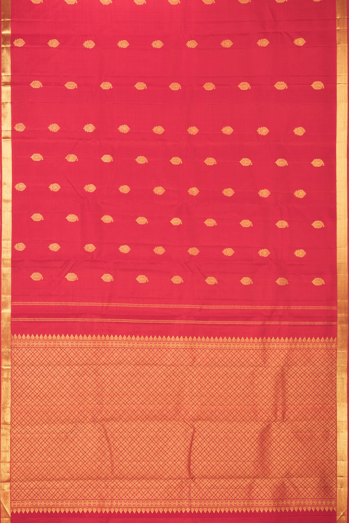 Flat view of Pure Silk Red Kanchipuram Saree with Zari Butta on the body and Zari Border. 
