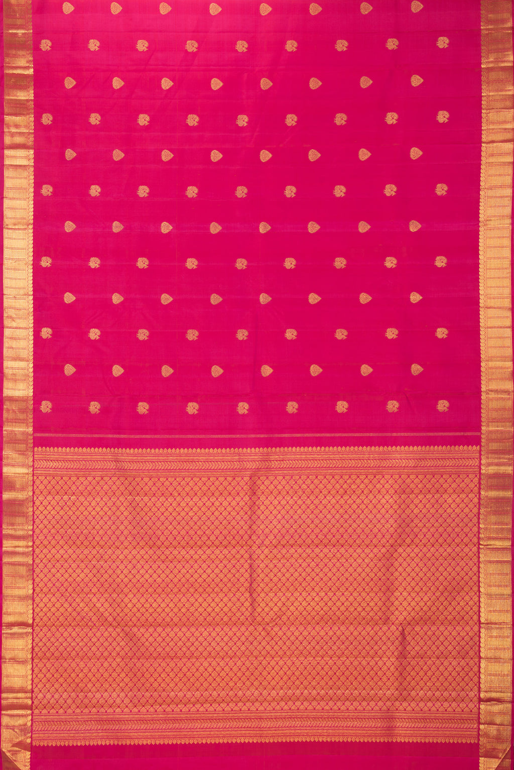 Flat view of Pure Silk Dark Pink Kanjivaram Saree with Zari Butta on the body and Zari Border. 