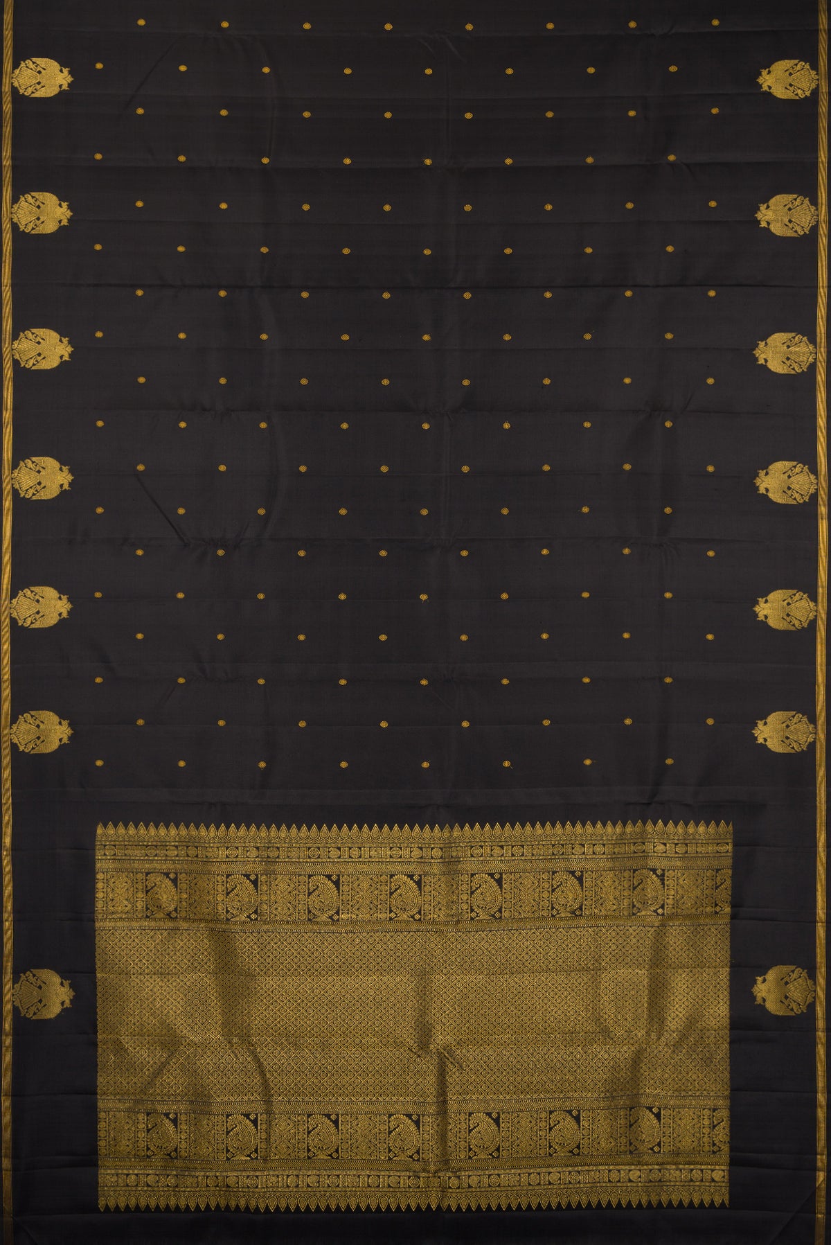 Flat view of Pure Silk Black Kanjivaram Saree with Zari Butta on the body and Fancy Border. 