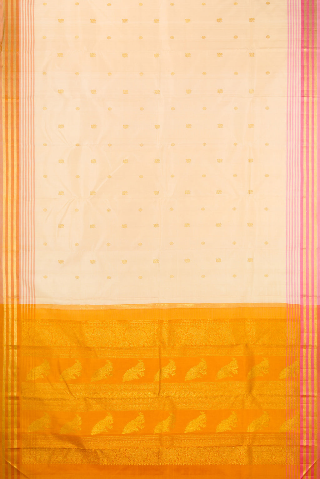 Flat view of Pure Silk Sandal Kanjivaram Saree with Zari Butta on the body and Ganga Jamuna Border. 