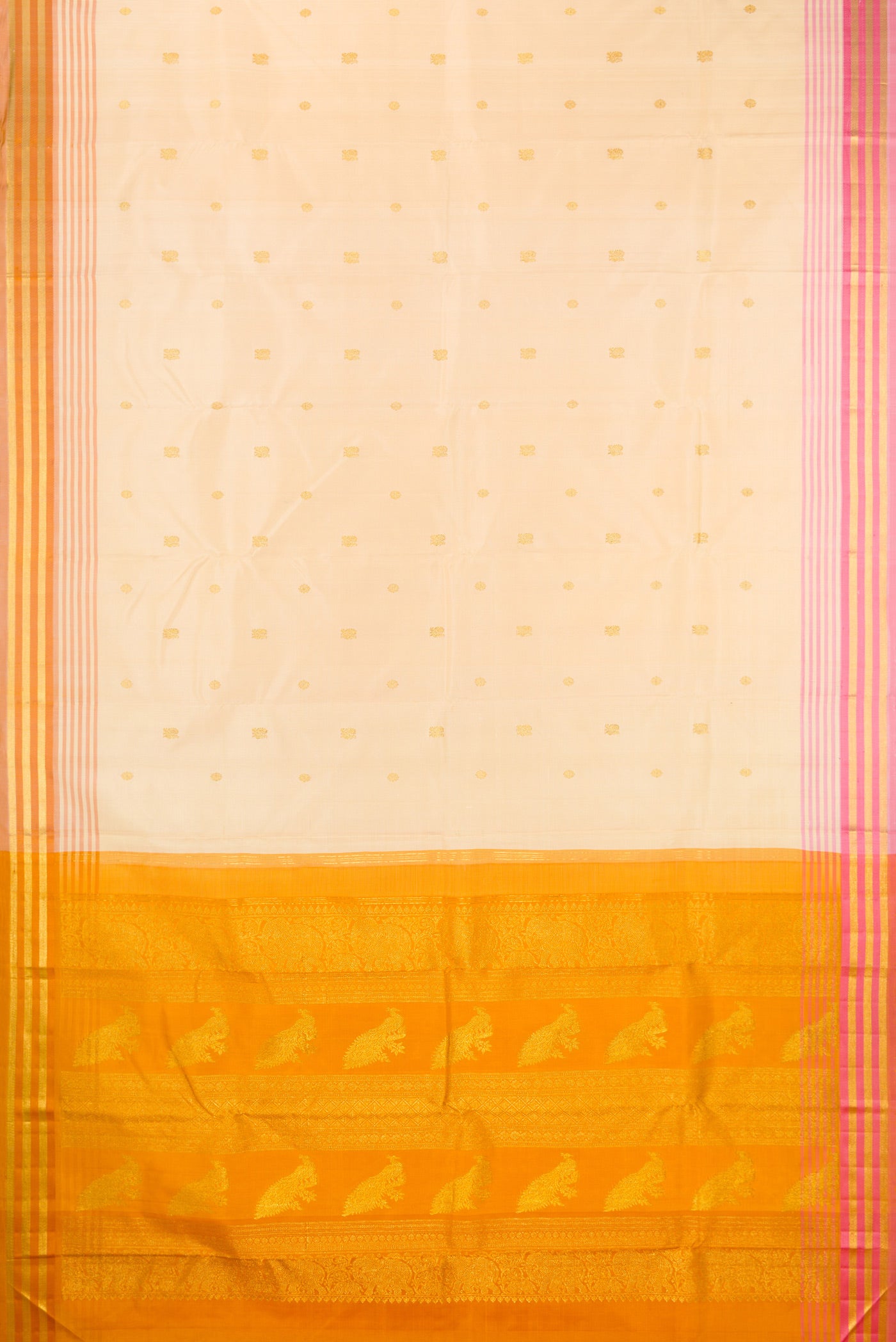 Flat view of Pure Silk Sandal Kanjivaram Saree with Zari Butta on the body and Ganga Jamuna Border. 