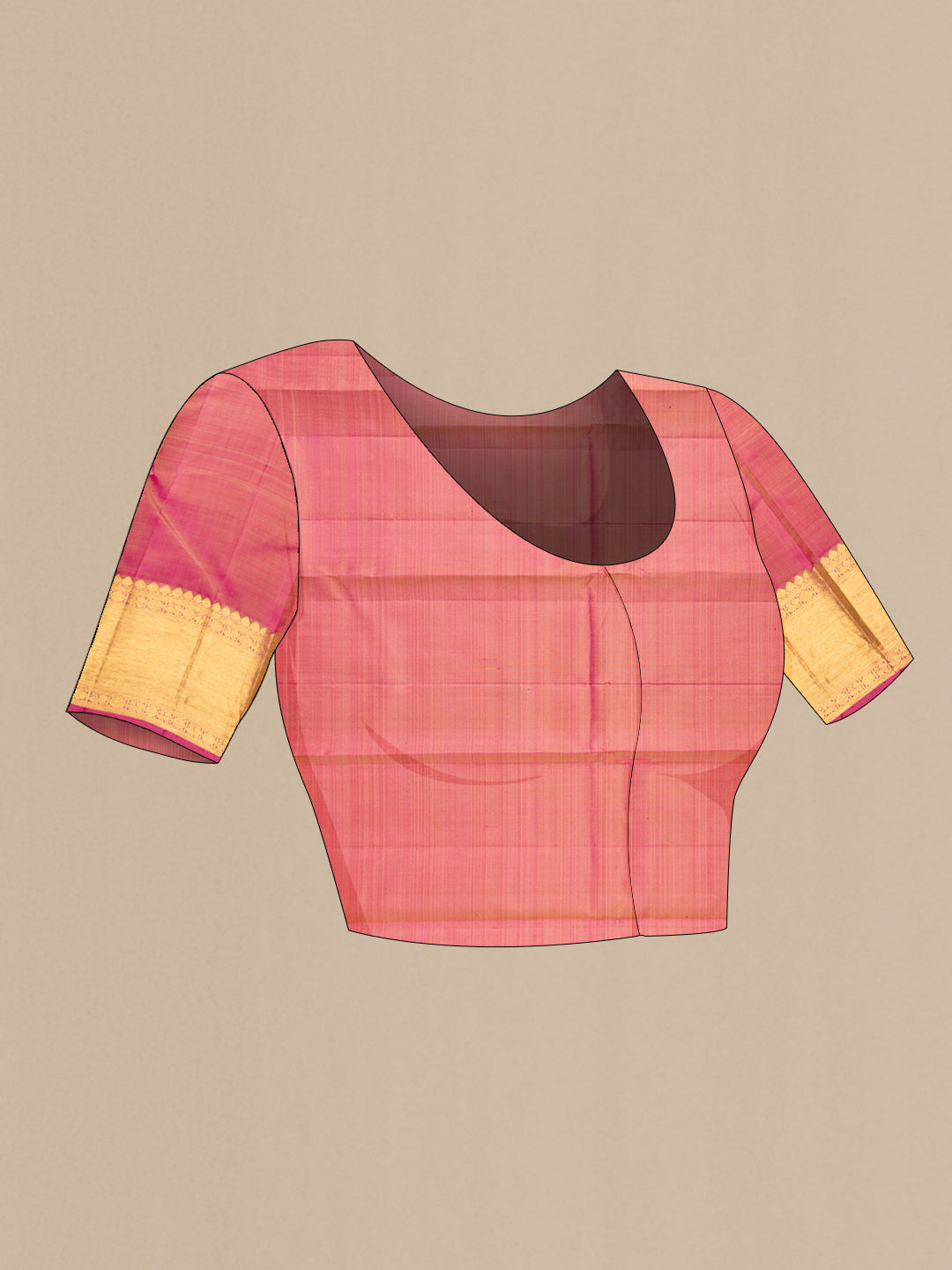 Close up image of the blouse of Pure Silk Mustard Kanjivaram Saree with Stripes on the body and Zari Border. 