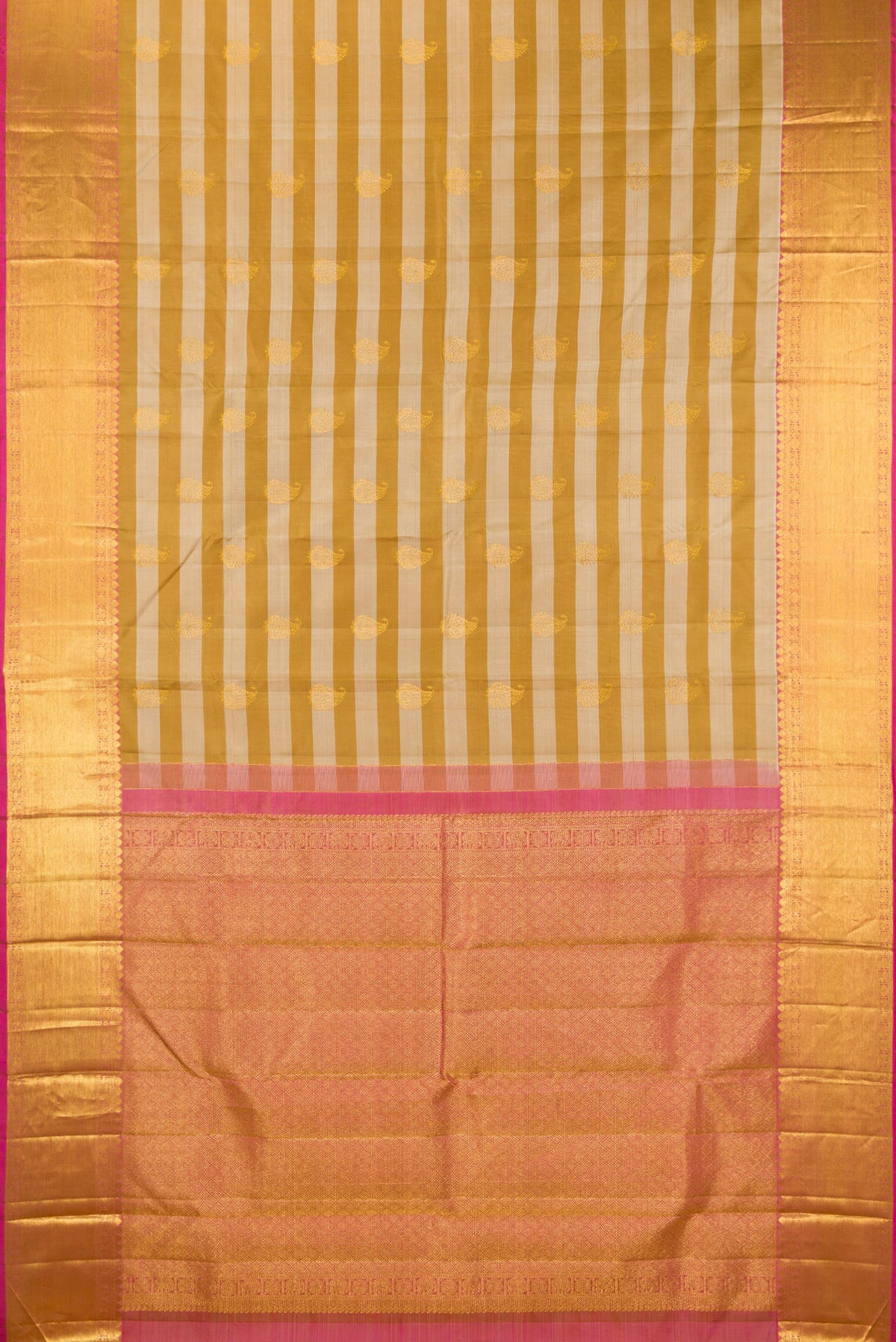 Flat view of Pure Silk Mustard Kanjivaram Saree with Stripes on the body and Zari Border. 