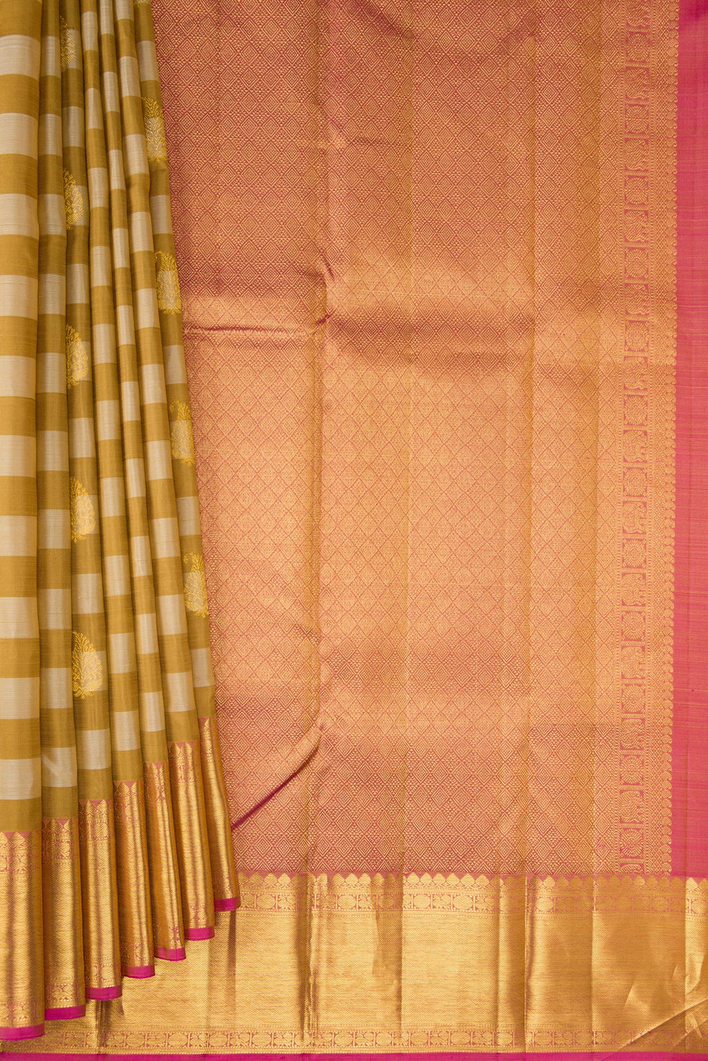 Pleats and pallu of Pure Silk Mustard Kanjivaram Saree with Stripes on the body and Zari Border. 