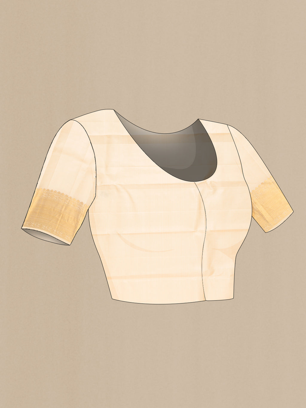 Close up image of the blouse of Pure Silk Pink and sandal Color Kanjivaram Saree with Stripes on the body and Zari Border. 