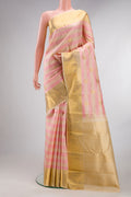 Pure Silk Pink and sandal Color Kanjivaram Saree with Stripes on the body and Zari Border.  displayed on a mannequin