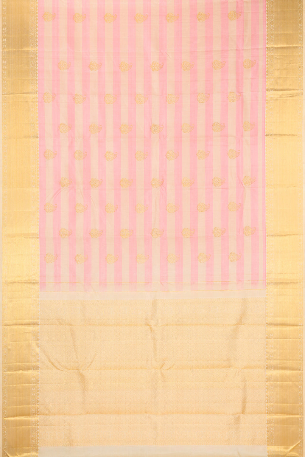 Flat view of Pure Silk Pink and sandal Color Kanjivaram Saree with Stripes on the body and Zari Border. 