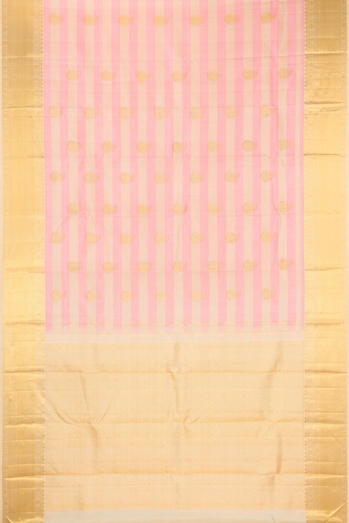 Flat view of Pure Silk Pink and sandal Color Kanjivaram Saree with Stripes on the body and Zari Border. 