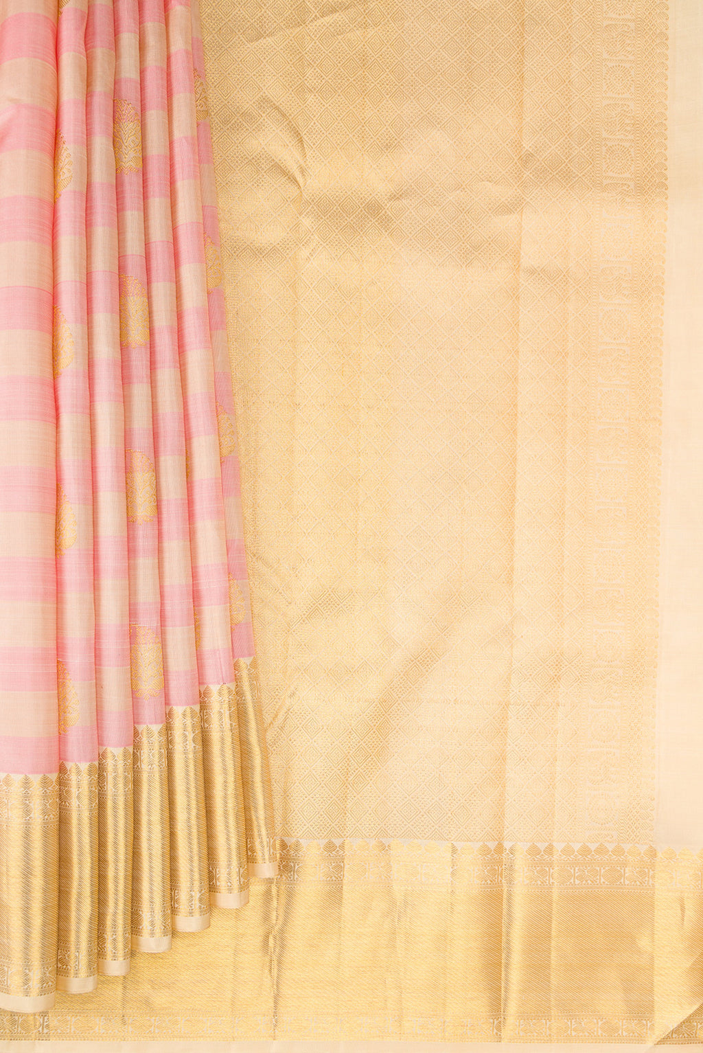 Pleats and pallu of Pure Silk Pink and sandal Color Kanjivaram Saree with Stripes on the body and Zari Border. 