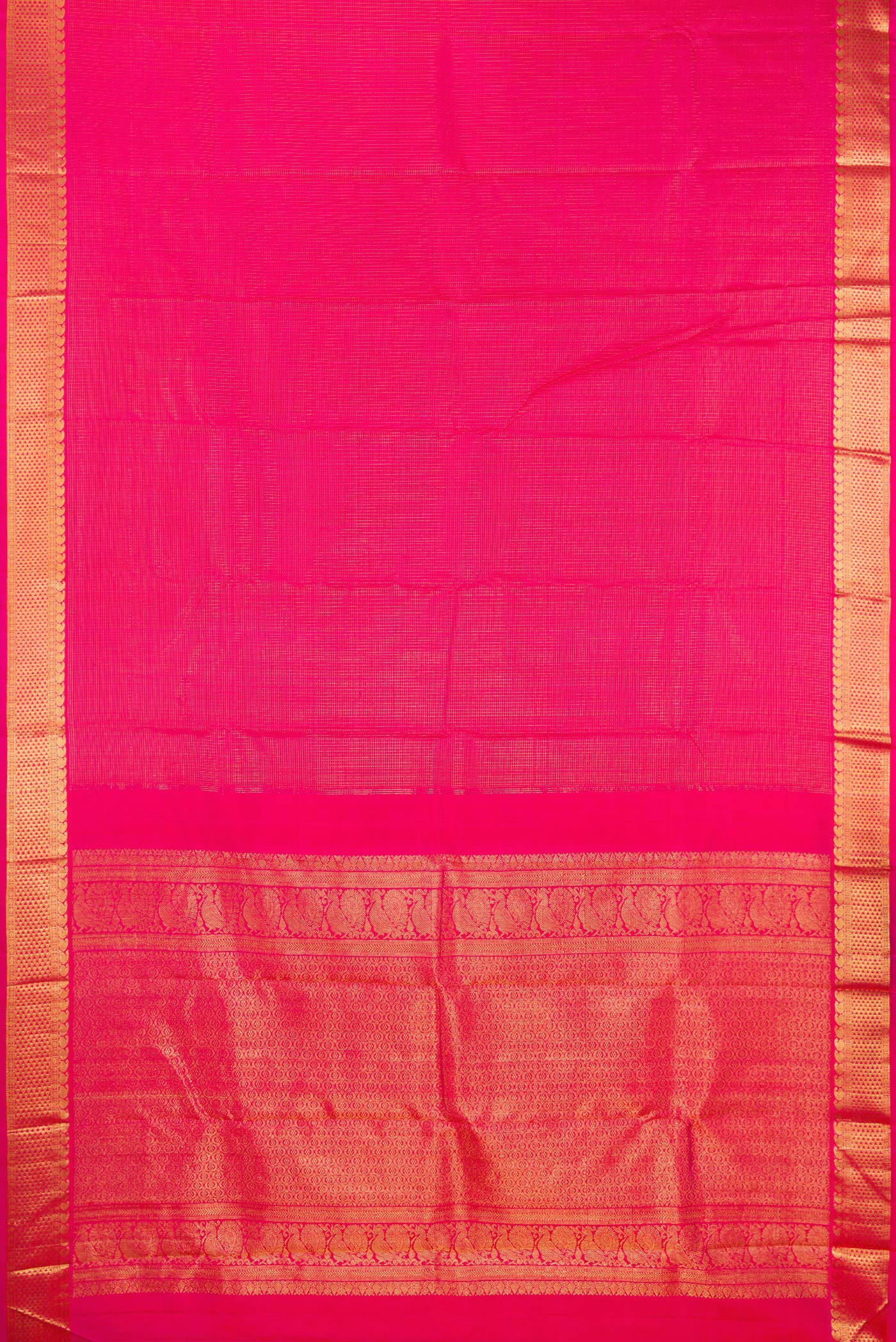 Flat view of Pure Silk Pink Kanjivaram Saree with Checked design on the body and Zari Border. 