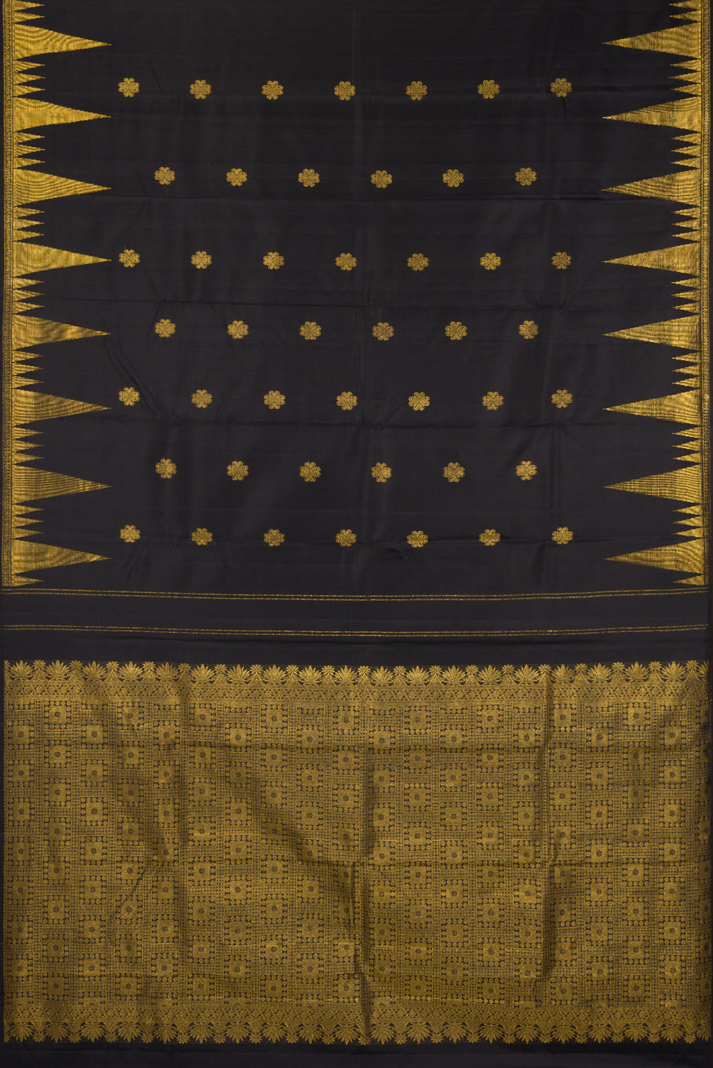 Flat view of Pure Silk Pure Zari Black Dual Tone Kanjivaram Saree with Zari Butta on the body and Zari Border. 