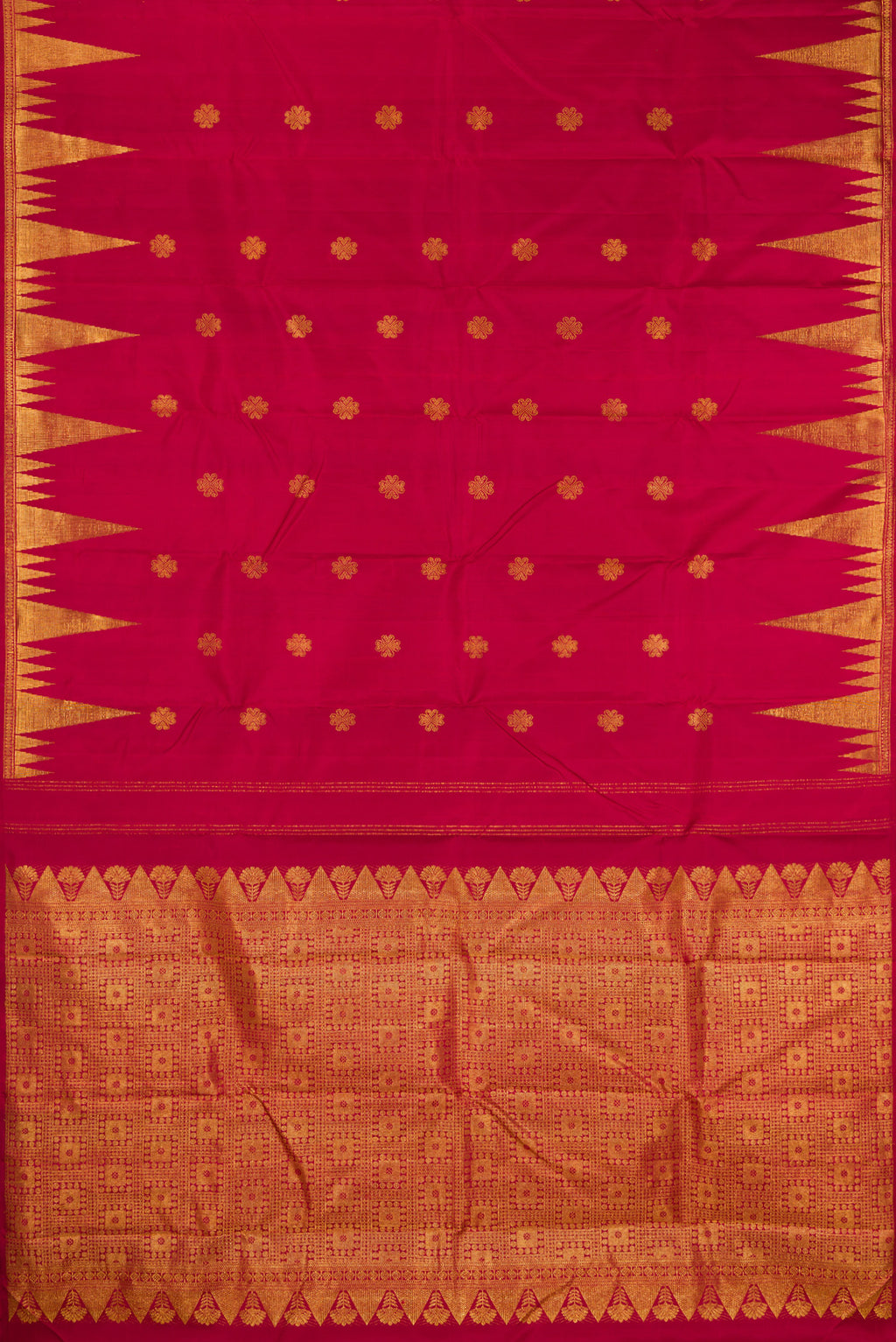 Flat view of Pure Silk Maroon Kanjivaram Saree with Zari Butta on the body and Fancy Border. 