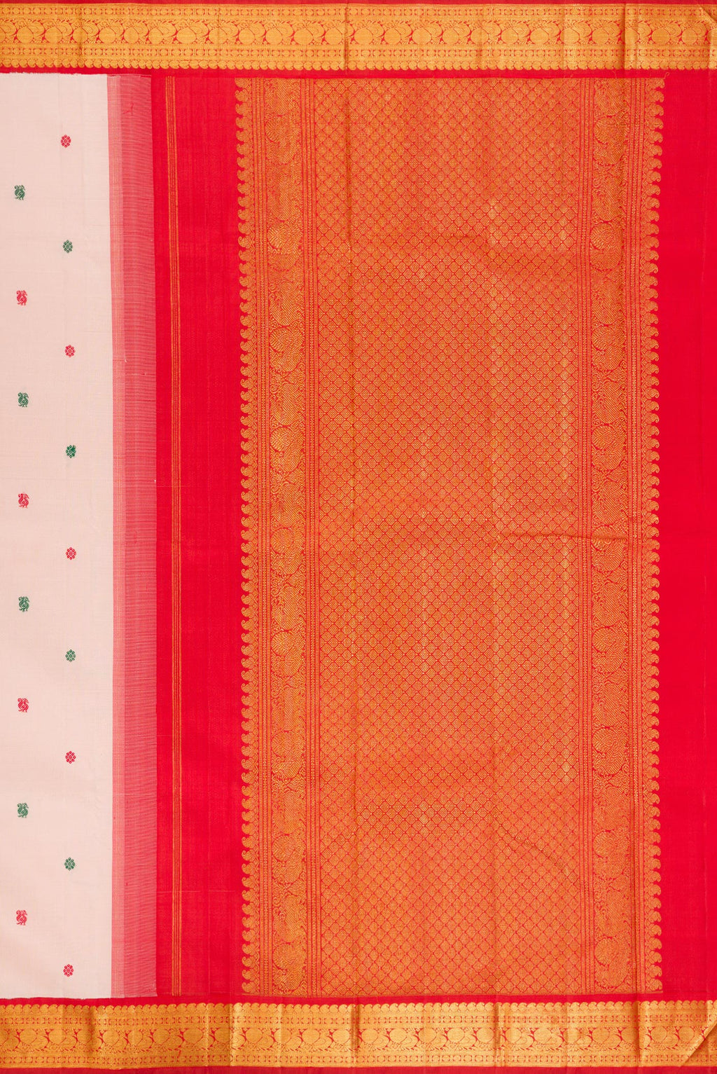 Close up image of the pallu of Pure Silk Rose Gold Kanjivaram Saree with Thread Butta on the body and Zari Border. 
