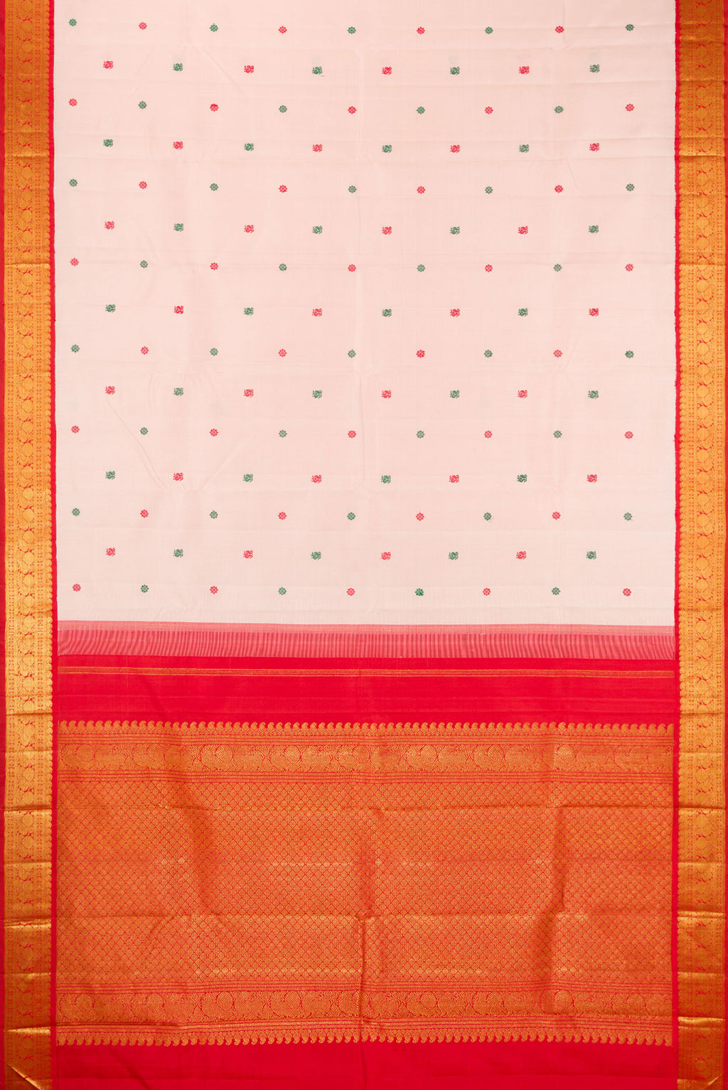 Flat view of Pure Silk Rose Gold Kanjivaram Saree with Thread Butta on the body and Zari Border. 
